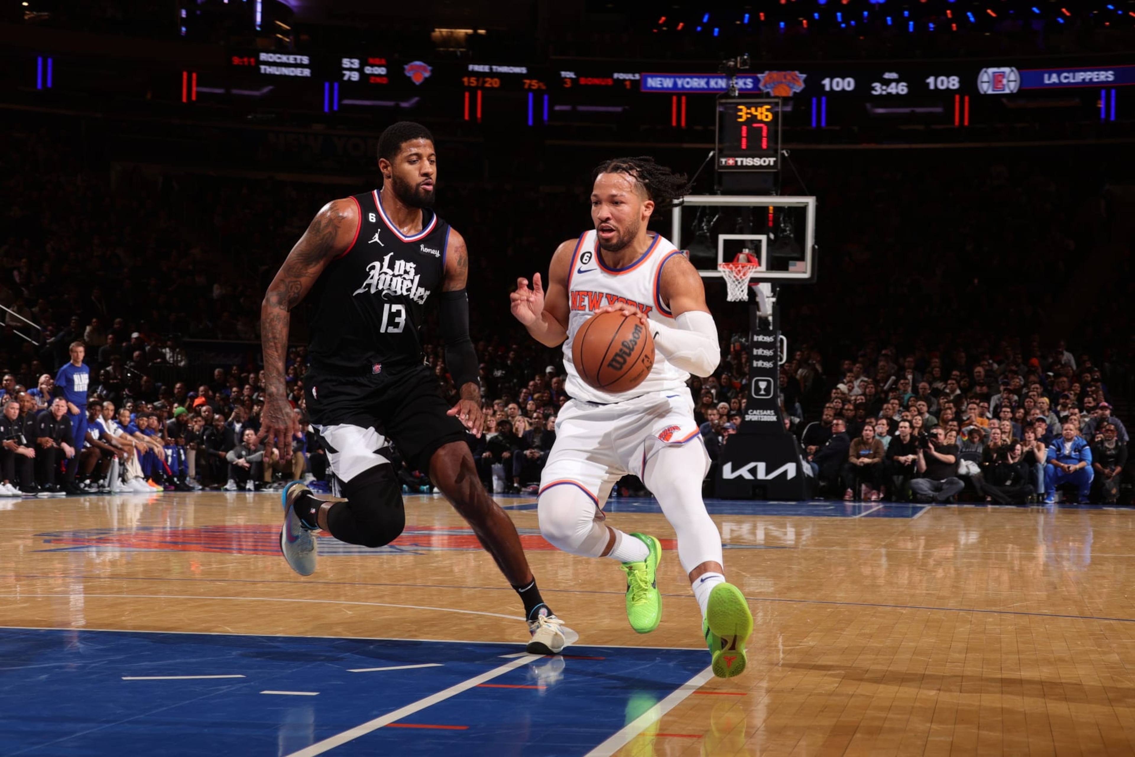 NEW YORK, NY - FEBRUARY 4: Jalen Brunson #11 of the New York Knicks drives to the basket against defender Paul George #13 of the LA Clippers during the game on February 4, 2023 at Madison Square Garden in New York City, New York.  NOTE TO USER: User expressly acknowledges and agrees that, by downloading and or using this photograph, User is consenting to the terms and conditions of the Getty Images License Agreement. Mandatory Copyright Notice: Copyright 2023 NBAE  (Photo by Nathaniel S. Butler/NBAE via Getty Images)