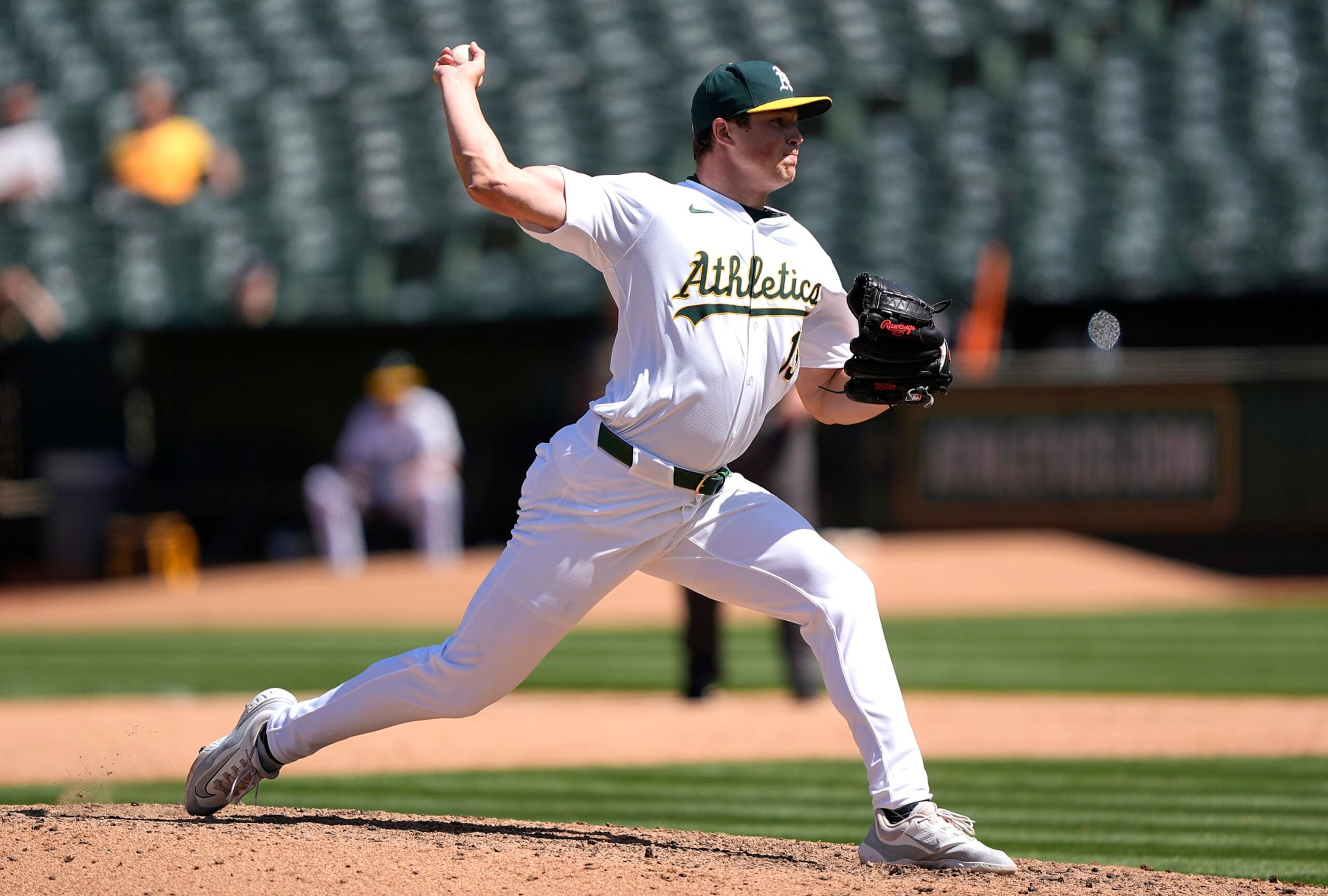 OAKLAND, CALIFORNIA - MAY 01: Mason Miller #19 of the Oakland Athletics pitches against the Pittsburgh Pirates in the top of the ninth inning on May 1, 2024 at the Oakland Coliseum in Oakland, California. (Photo by Thearon W. Henderson/Getty Images)