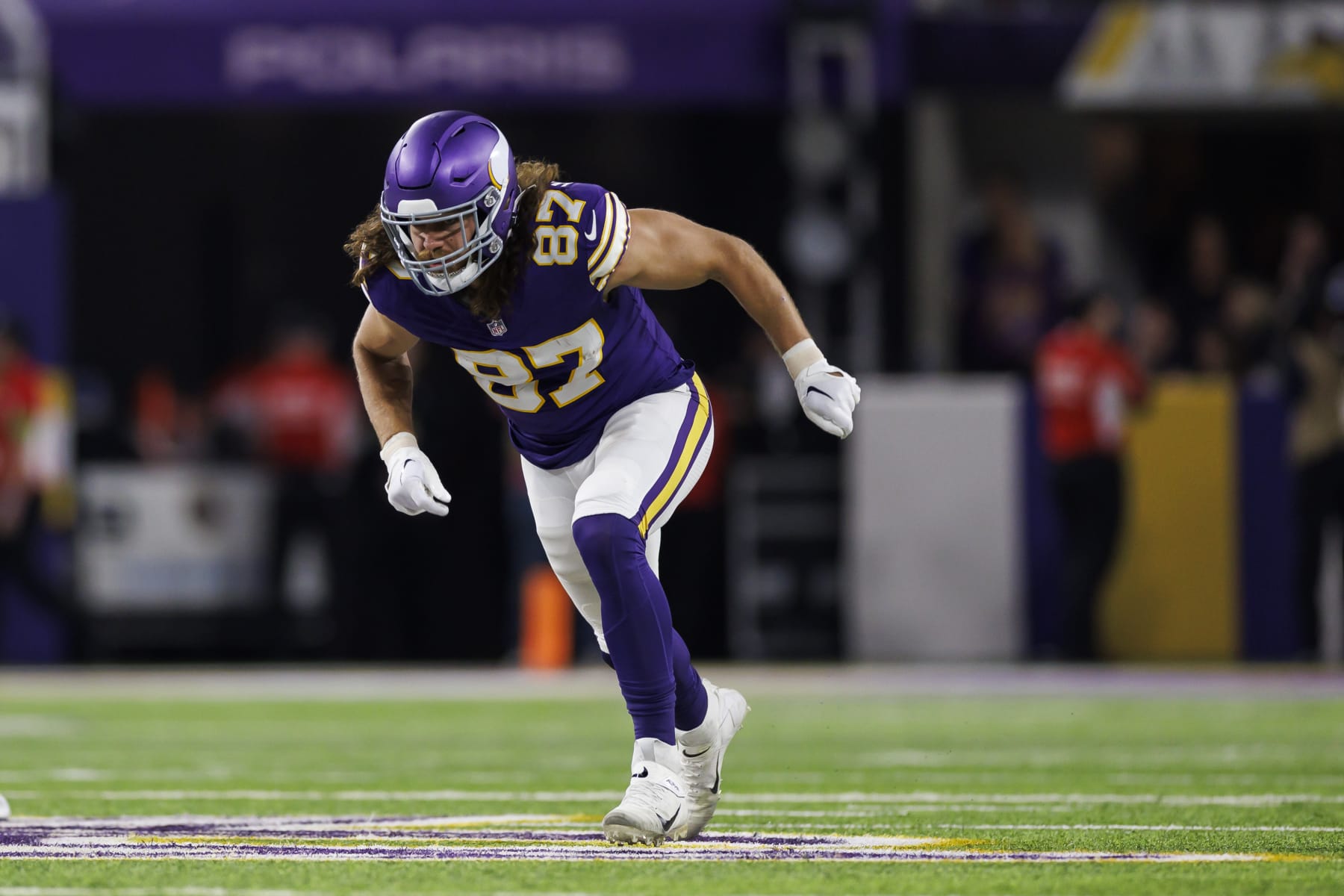 MINNEAPOLIS, MINNESOTA - NOVEMBER 27: T.J. Hockenson #87 of the Minnesota Vikings runs a route during an NFL football game against the Chicago Bears at U.S. Bank Stadium on November 27, 2023 in Minneapolis, Minnesota. (Photo by Ryan Kang/Getty Images)
