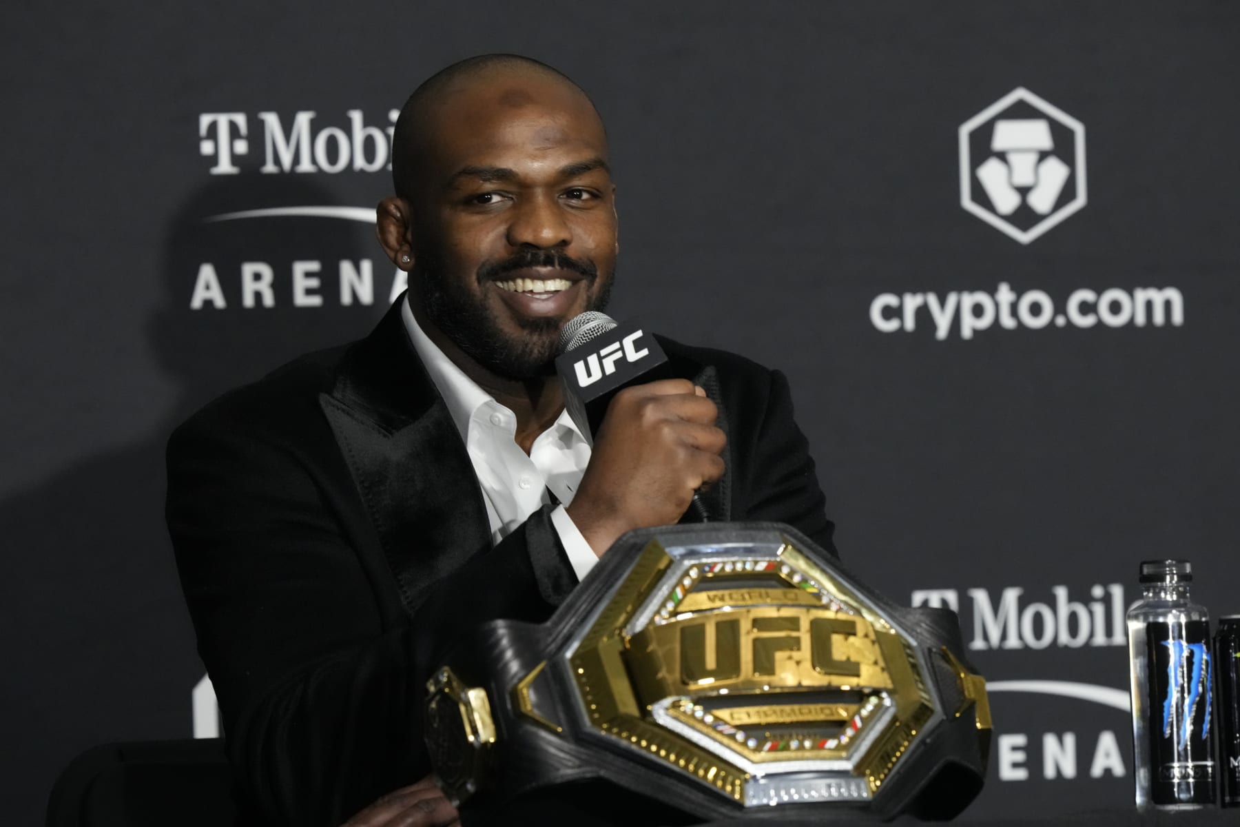 LAS VEGAS, NV - March 5: Jon Jones meets with the media following his win over Cyril Gane at T-Mobile Arena for UFC 285 -Jones vs Gane : Event on March 5, 2023 in Las Vegas, NV, United States.(Photo by Louis Grasse/PxImages/Icon Sportswire via Getty Images)