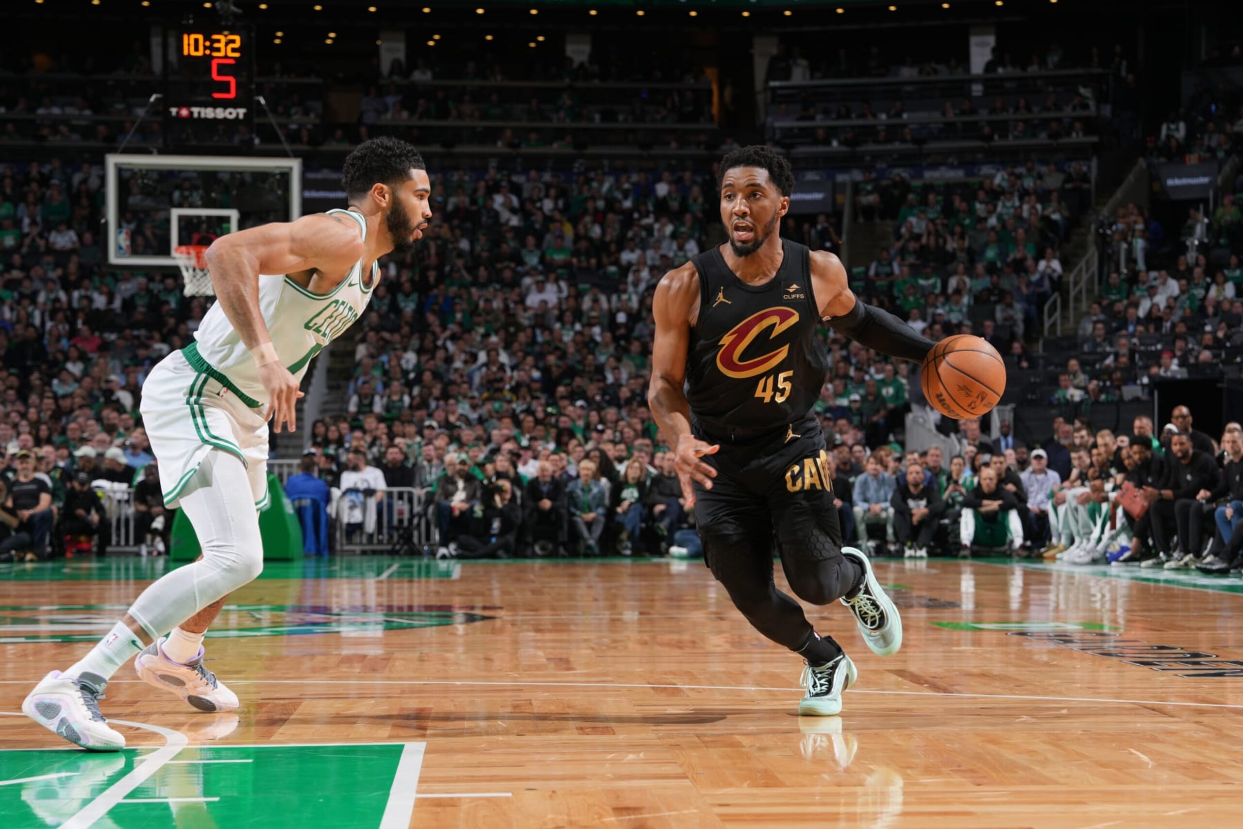 BOSTON, MA - MAY 9: Donovan Mitchell #45 of the Cleveland Cavaliers drives to the basket during the game against the Boston Celtics during Round 2 Game 2 of the 2024 NBA Playoffs on May 9, 2024 at the TD Garden in Boston, Massachusetts. NOTE TO USER: User expressly acknowledges and agrees that, by downloading and or using this photograph, User is consenting to the terms and conditions of the Getty Images License Agreement. Mandatory Copyright Notice: Copyright 2024 NBAE (Photo by Jesse D. Garrabrant/NBAE via Getty Images) BOSTON, MA - MAY 9: Donovan Mitchell #45 of the Cleveland Cavaliers drives to the basket during the game against the Boston Celtics during Round 2 Game 2 of the 2024 NBA Playoffs on May 9, 2024 at the TD Garden in Boston, Massachusetts. NOTE TO USER: User expressly acknowledges and agrees that, by downloading and or using this photograph, User is consenting to the terms and conditions of the Getty Images License Agreement. Mandatory Copyright Notice: Copyright 2024 NBAE (Photo by Jesse D. Garrabrant/NBAE via Getty Images)