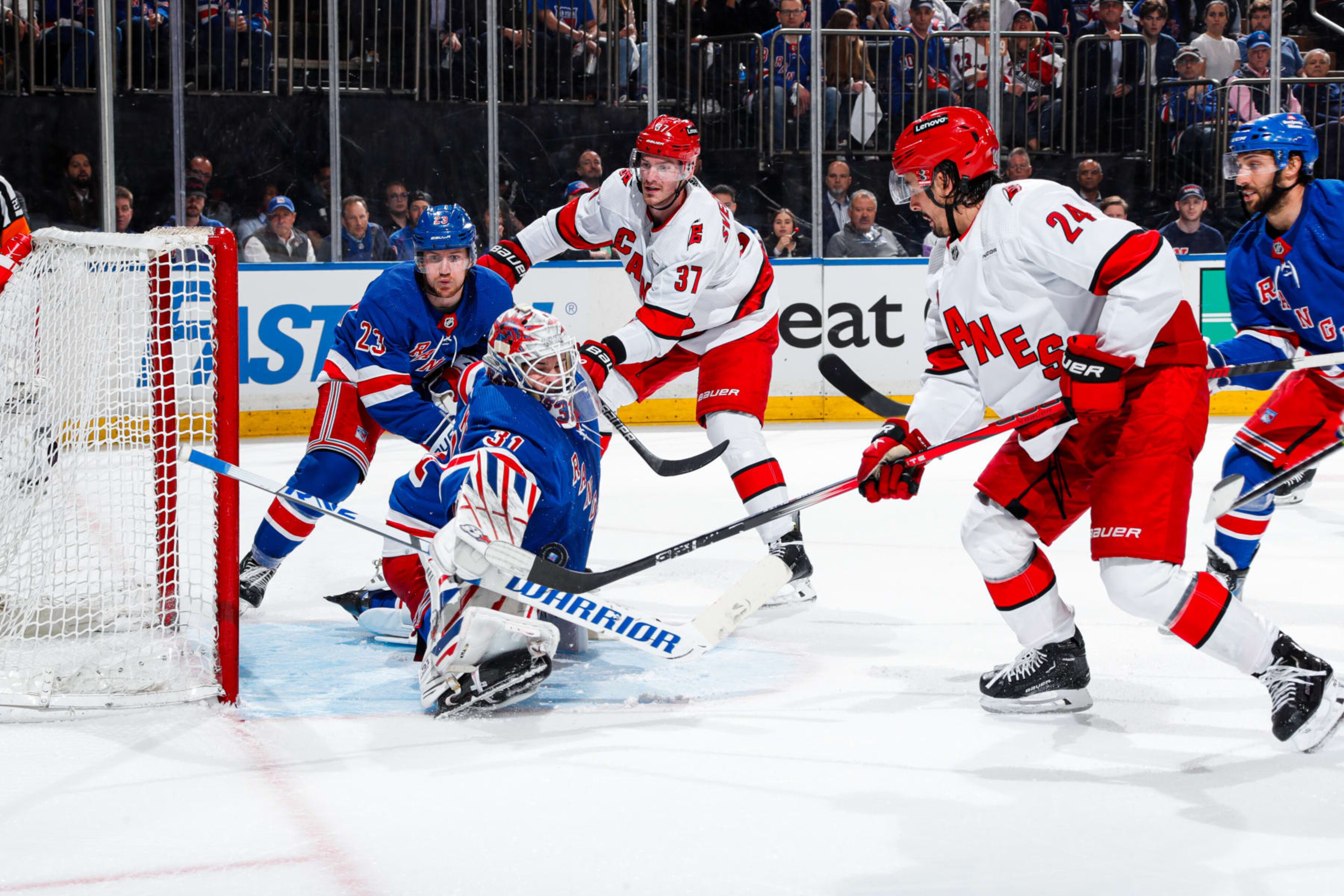 NEW YORK, NEW YORK - MAY 07: Igor Shesterkin #31 of the New York Rangers blocks a shot by Seth Jarvis #24 of the Carolina Hurricanes during the second period in Game Two of the Second Round of the 2024 Stanley Cup Playoffs at Madison Square Garden on May 7, 2024 in New York City. (Photo by Jared Silber/NHLI via Getty Images) NEW YORK, NEW YORK - MAY 07: Igor Shesterkin #31 of the New York Rangers blocks a shot by Seth Jarvis #24 of the Carolina Hurricanes during the second period in Game Two of the Second Round of the 2024 Stanley Cup Playoffs at Madison Square Garden on May 7, 2024 in New York City. (Photo by Jared Silber/NHLI via Getty Images)