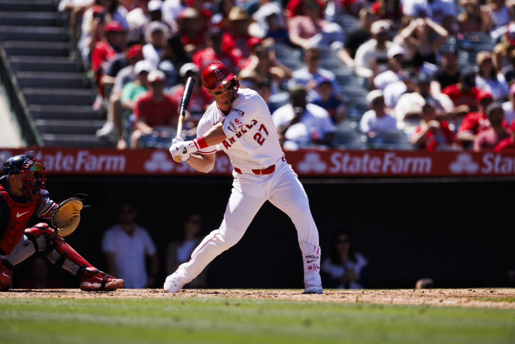 ANAHEIM, CA - APRIL 28: Los Angeles Angels outfielder Mike Trout (27) swings during an MLB baseball game against the Minnesota Twins on April 28, 2024 at Angel Stadium in Anaheim, CA. (Photo by Ric Tapia/Icon Sportswire via Getty Images)