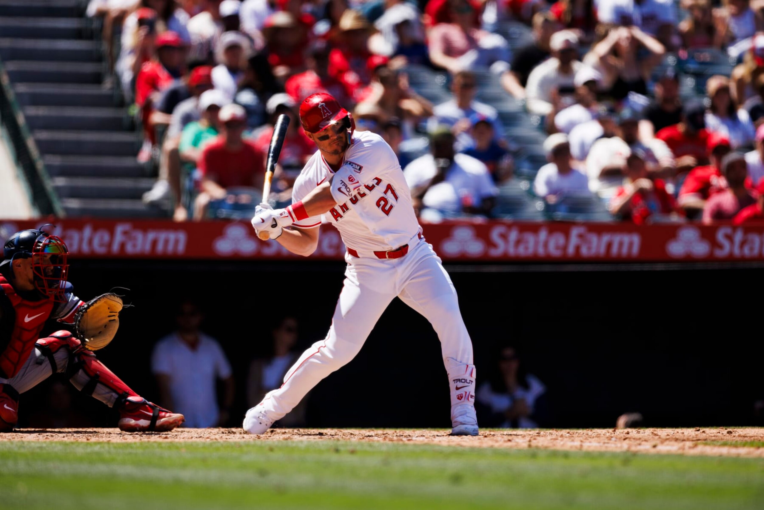 ANAHEIM, CA - APRIL 28: Los Angeles Angels outfielder Mike Trout (27) swings during an MLB baseball game against the Minnesota Twins on April 28, 2024 at Angel Stadium in Anaheim, CA. (Photo by Ric Tapia/Icon Sportswire via Getty Images)