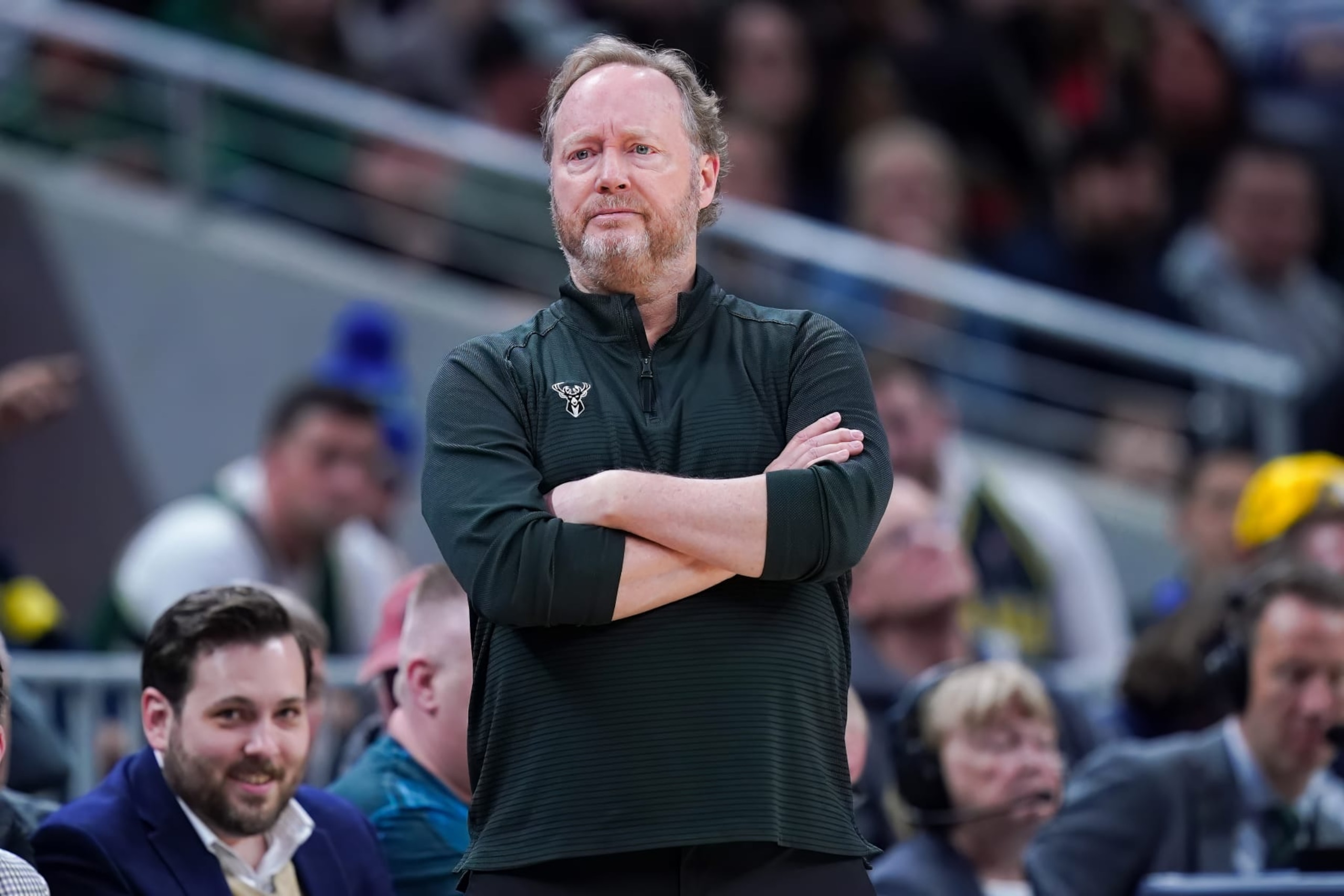 INDIANAPOLIS, INDIANA - MARCH 29: Head coach Mike Budenholzer of the Milwaukee Bucks looks on in the second quarter against the Indiana Pacers at Gainbridge Fieldhouse on March 29, 2023 in Indianapolis, Indiana. NOTE TO USER: User expressly acknowledges and agrees that, by downloading and or using this photograph, User is consenting to the terms and conditions of the Getty Images License Agreement. (Photo by Dylan Buell/Getty Images) INDIANAPOLIS, INDIANA - MARCH 29: Head coach Mike Budenholzer of the Milwaukee Bucks looks on in the second quarter against the Indiana Pacers at Gainbridge Fieldhouse on March 29, 2023 in Indianapolis, Indiana. NOTE TO USER: User expressly acknowledges and agrees that, by downloading and or using this photograph, User is consenting to the terms and conditions of the Getty Images License Agreement. (Photo by Dylan Buell/Getty Images)