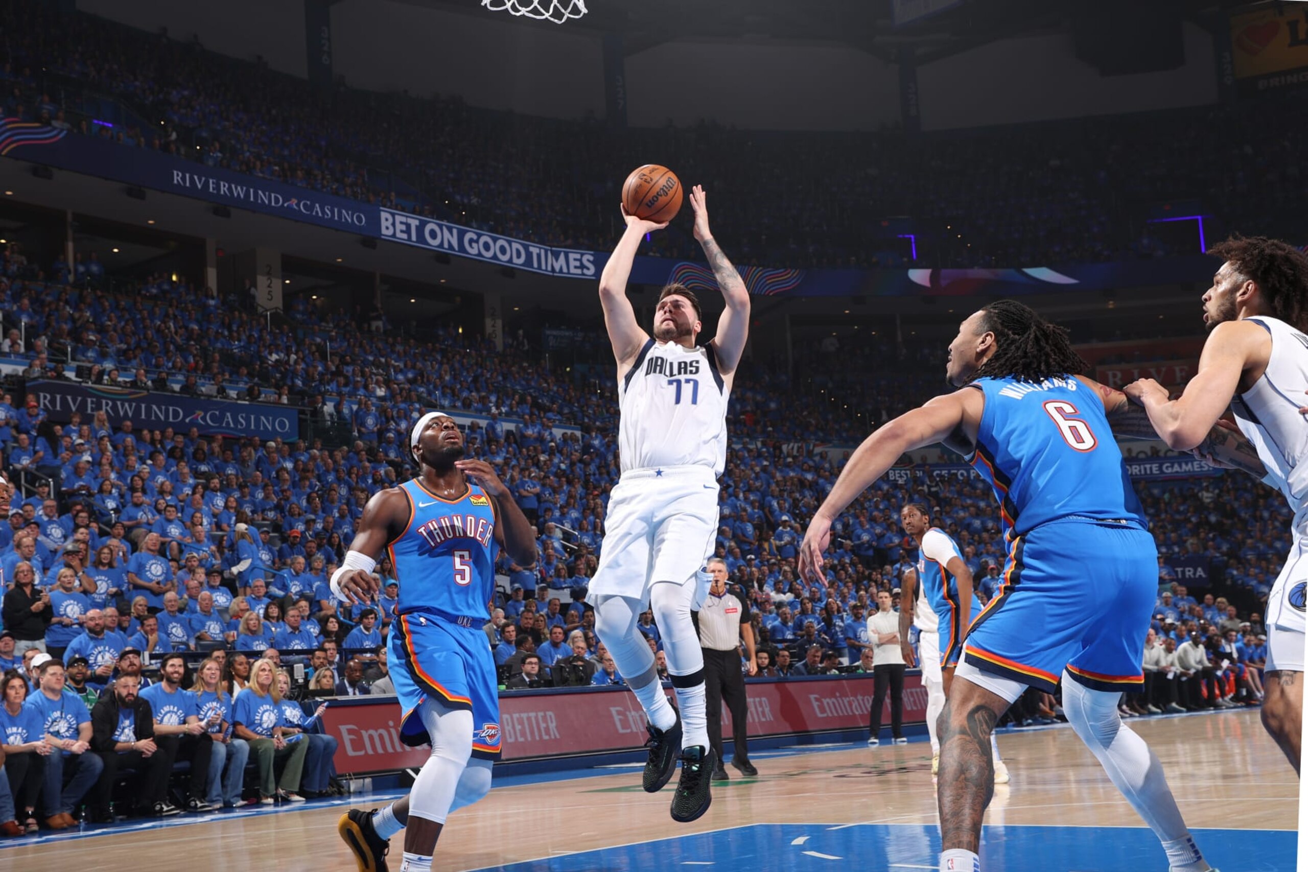 OKLAHOMA CITY, OK - MAY 9:  Luka Doncic #77 of the Dallas Mavericks goes to the basket during the game against the Oklahoma City Thunder during Round 2 Game 2 of the 2024 NBA Playoffs  on May 9, 2024 at Paycom Arena in Oklahoma City, Oklahoma. NOTE TO USER: User expressly acknowledges and agrees that, by downloading and or using this photograph, User is consenting to the terms and conditions of the Getty Images License Agreement. Mandatory Copyright Notice: Copyright 2024 NBAE (Photo by Joe Murphy/NBAE via Getty Images)