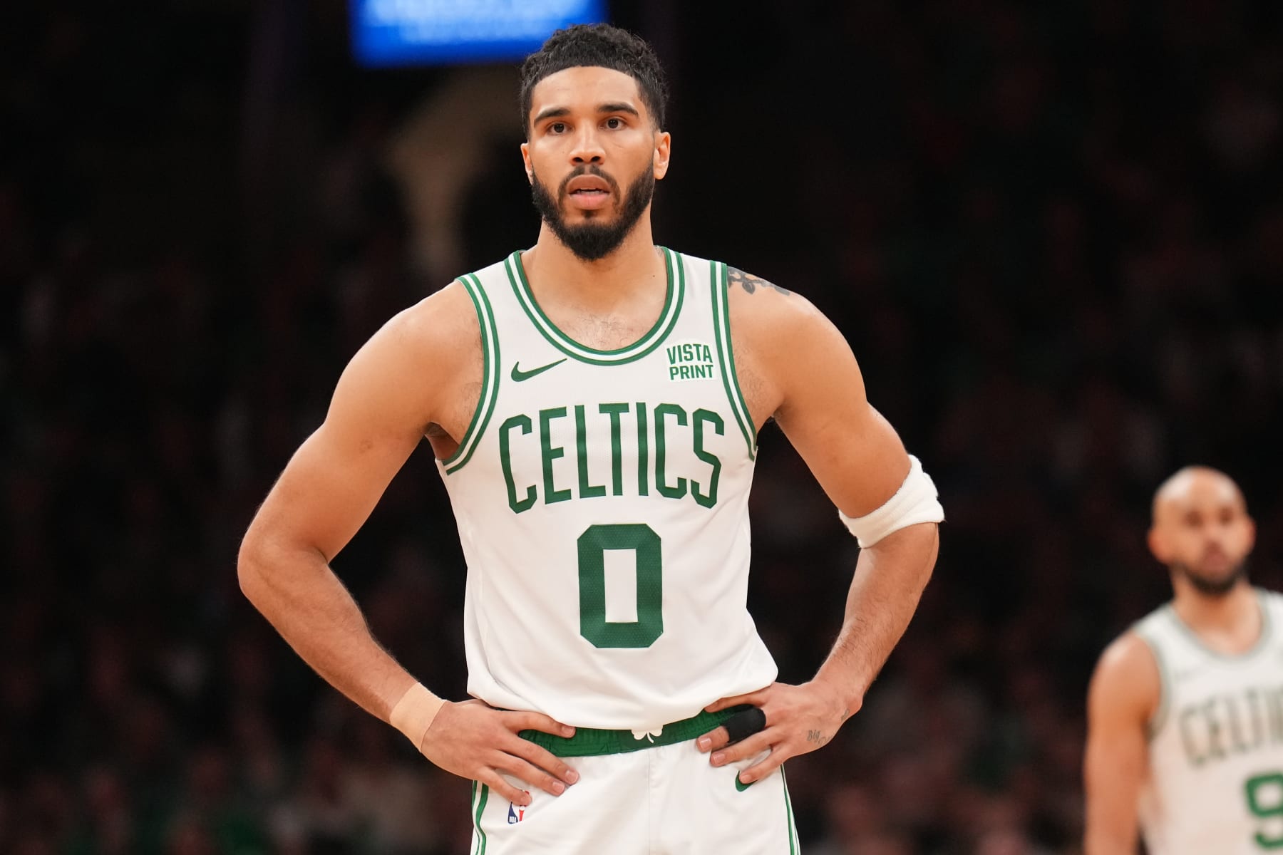 BOSTON, MA - MAY 9: Jayson Tatum #0 of the Boston Celtics looks on during the game against the Cleveland Cavaliers during Round 2 Game 2 of the 2024 NBA Playoffs on May 9, 2024 at the TD Garden in Boston, Massachusetts. NOTE TO USER: User expressly acknowledges and agrees that, by downloading and or using this photograph, User is consenting to the terms and conditions of the Getty Images License Agreement. Mandatory Copyright Notice: Copyright 2024 NBAE  (Photo by Jesse D. Garrabrant/NBAE via Getty Images)
