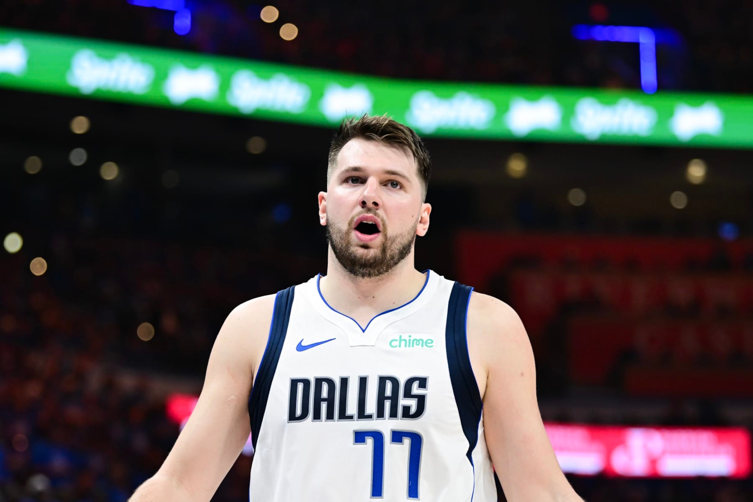 OKLAHOMA CITY, OKLAHOMA - MAY 09: Luka Doncic #77 of the Dallas Mavericks reacts during the first quarter against the Oklahoma City Thunder in Game Two of the Western Conference Second Round Playoffs at Paycom Center on May 09, 2024 in Oklahoma City, Oklahoma. NOTE TO USER: User expressly acknowledges and agrees that, by downloading and or using this photograph, User is consenting to the terms and conditions of the Getty Images License Agreement. (Photo by Joshua Gateley/Getty Images)