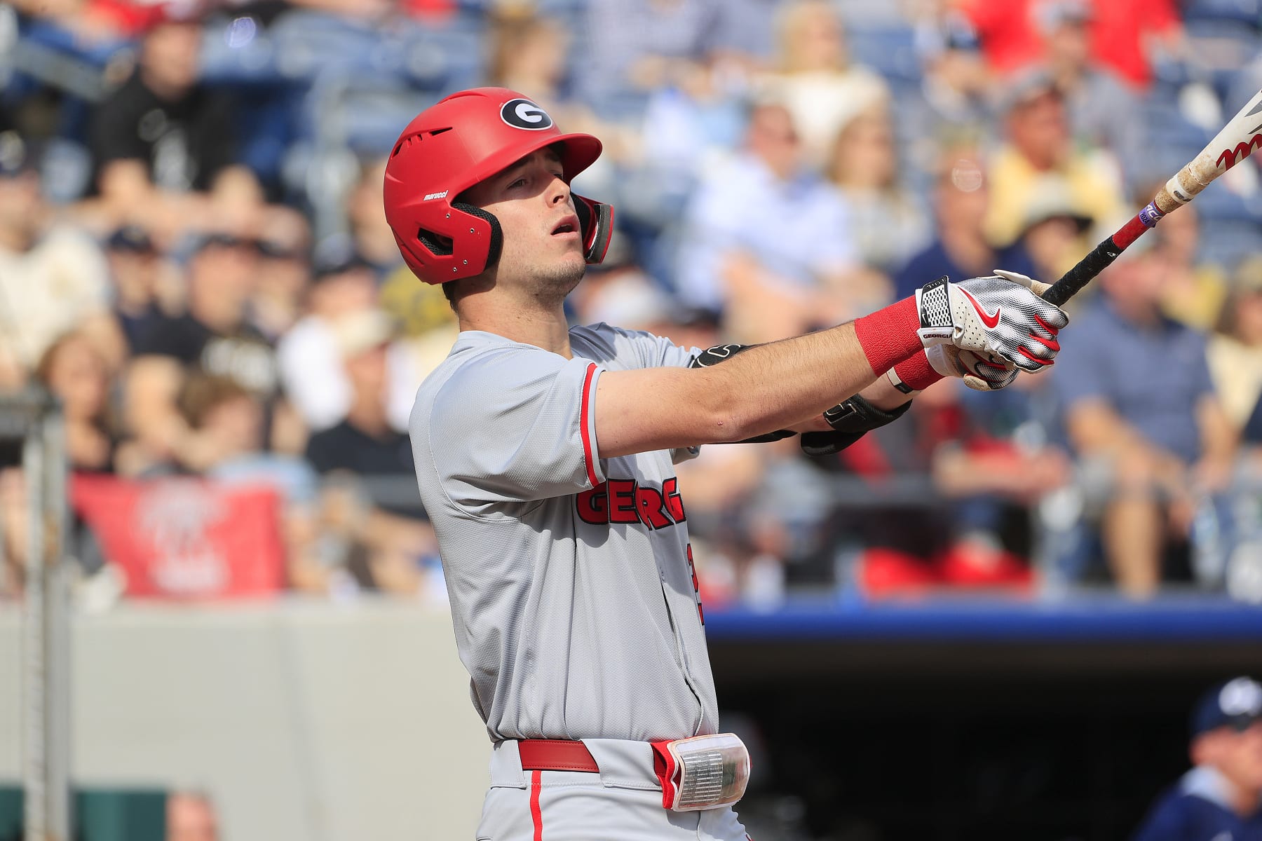 LAWRENCEVILLE, GA - MARCH 03: Georgia first baseman Charlie Condon (24) bats during the men's college baseball game between the Georgia Bulldogs and the Georgia Tech Yellow Jackets on March 03, 2024 at Coolray Field in Lawrenceville, GA.  (Photo by David J. Griffin/Icon Sportswire via Getty Images)