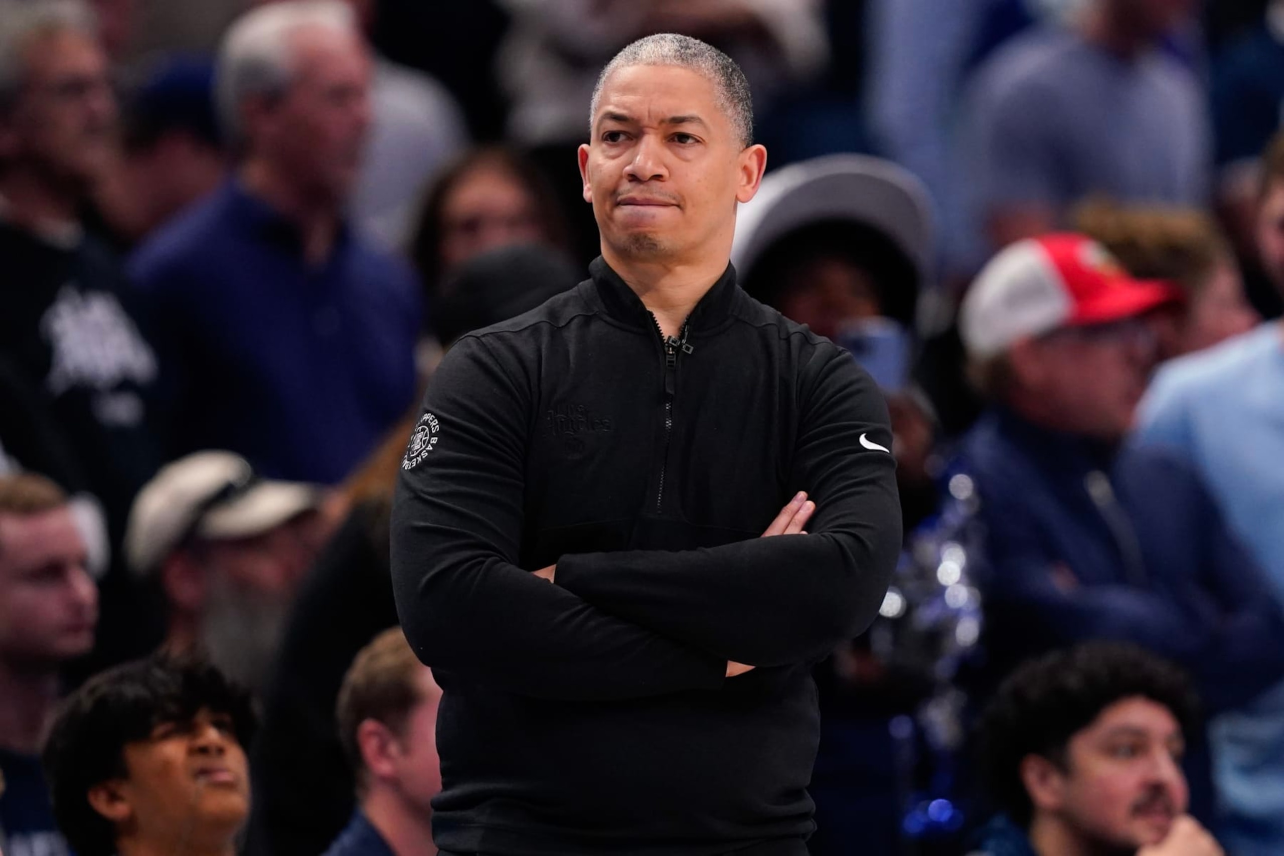 DALLAS, TEXAS - APRIL 26: Head coach Tyronn Lue of the Los Angeles Clippers watches play during the second half of game three of the Western Conference First Round Playoffs against the Dallas Mavericks at American Airlines Center on April 26, 2024 in Dallas, Texas. NOTE TO USER: User expressly acknowledges and agrees that, by downloading and or using this photograph, User is consenting to the terms and conditions of the Getty Images License Agreement. (Photo by Sam Hodde/Getty Images) DALLAS, TEXAS - APRIL 26: Head coach Tyronn Lue of the Los Angeles Clippers watches play during the second half of game three of the Western Conference First Round Playoffs against the Dallas Mavericks at American Airlines Center on April 26, 2024 in Dallas, Texas. NOTE TO USER: User expressly acknowledges and agrees that, by downloading and or using this photograph, User is consenting to the terms and conditions of the Getty Images License Agreement. (Photo by Sam Hodde/Getty Images)
