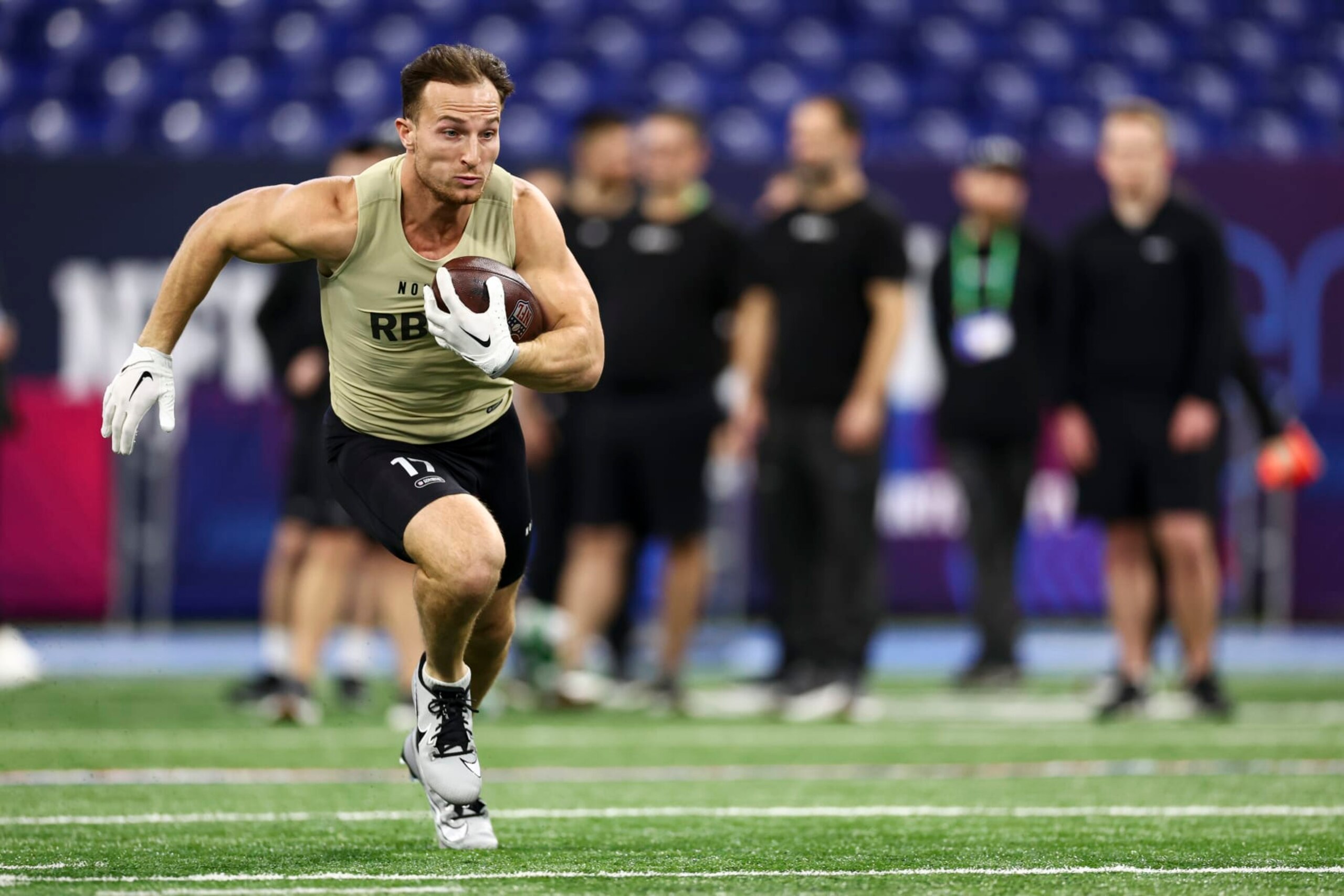 INDIANAPOLIS, INDIANA - MARCH 2: Dylan Laube #RB17 of New Hampshire participates in a drill during the NFL Combine at the Lucas Oil Stadium on March 2, 2024 in Indianapolis, Indiana. (Photo by Kevin Sabitus/Getty Images)