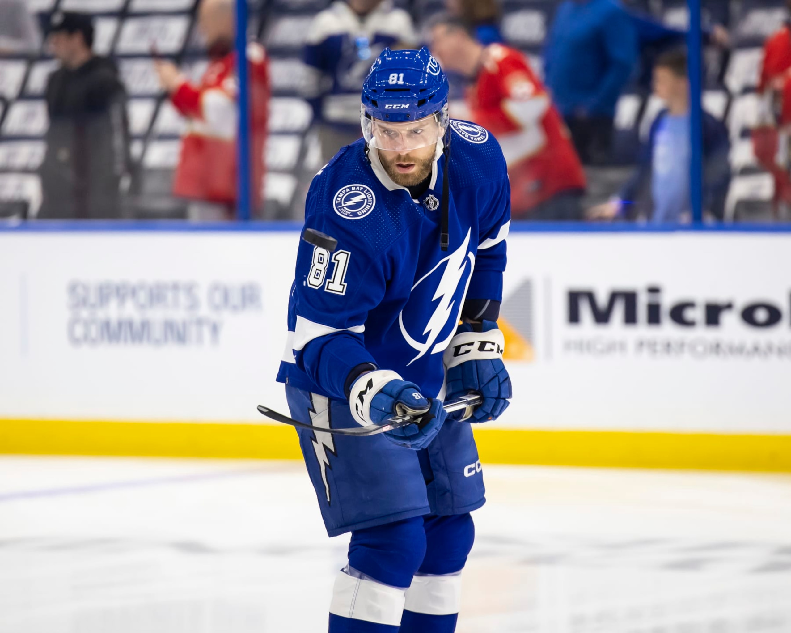TAMPA, FL - APRIL 25: Erik Cernak #81 of the Tampa Bay Lightning gets ready for the game against the Florida Panthers before Game Three of the First Round of the 2024 Stanley Cup Playoffs at Amalie Arena on April 25, 2024 in Tampa, Florida. (Photo by Mark LoMoglio/NHLI via Getty Images)