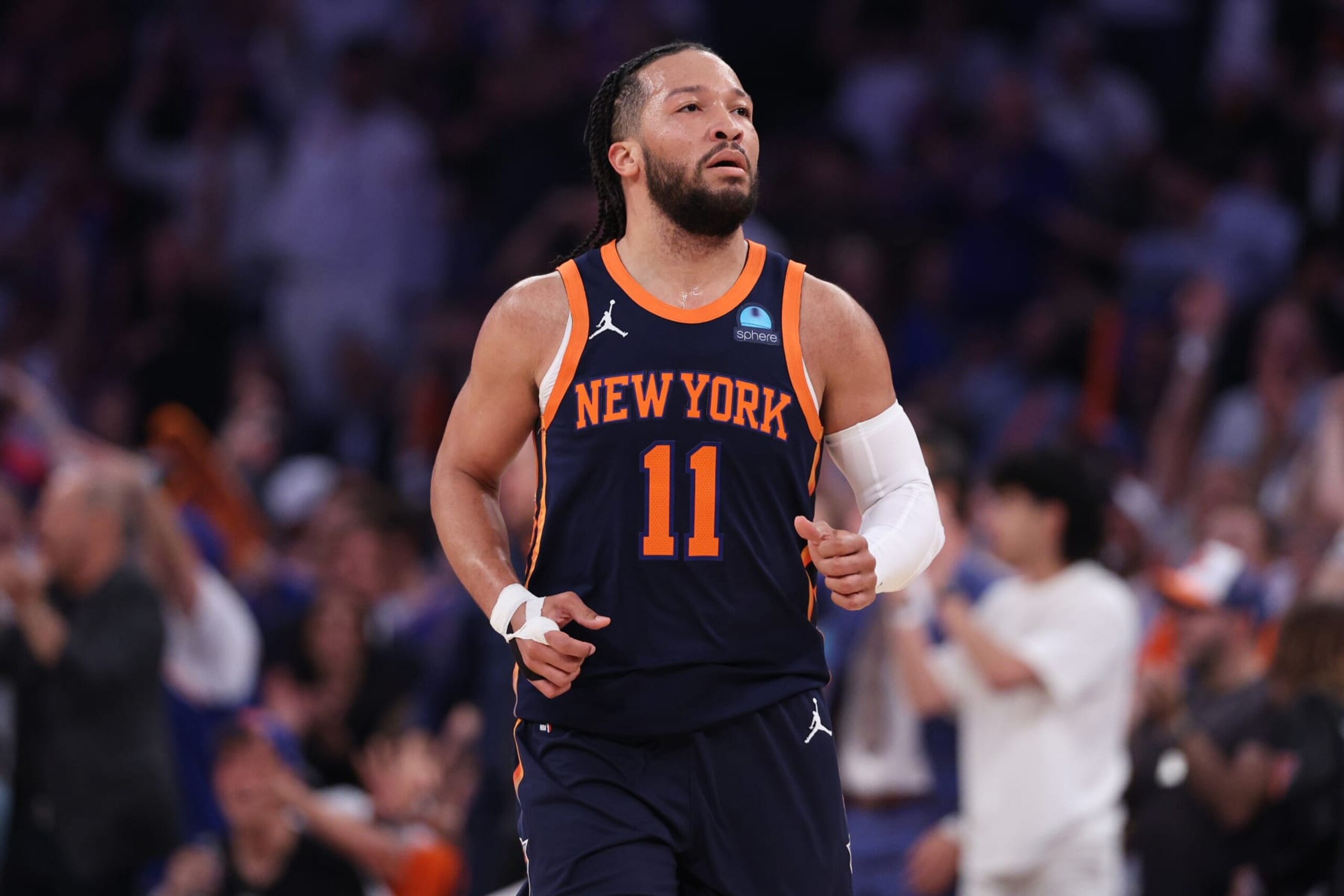 NEW YORK, NEW YORK - MAY 08: Jalen Brunson #11 of the New York Knicks reacts after a three point basket during the first quarter Indiana Pacers in Game Two of the Eastern Conference Second Round Playoffs at Madison Square Garden on May 08, 2024 in New York City. NOTE TO USER: User expressly acknowledges and agrees that, by downloading and or using this photograph, User is consenting to the terms and conditions of the Getty Images License Agreement. (Photo by Elsa/Getty Images)