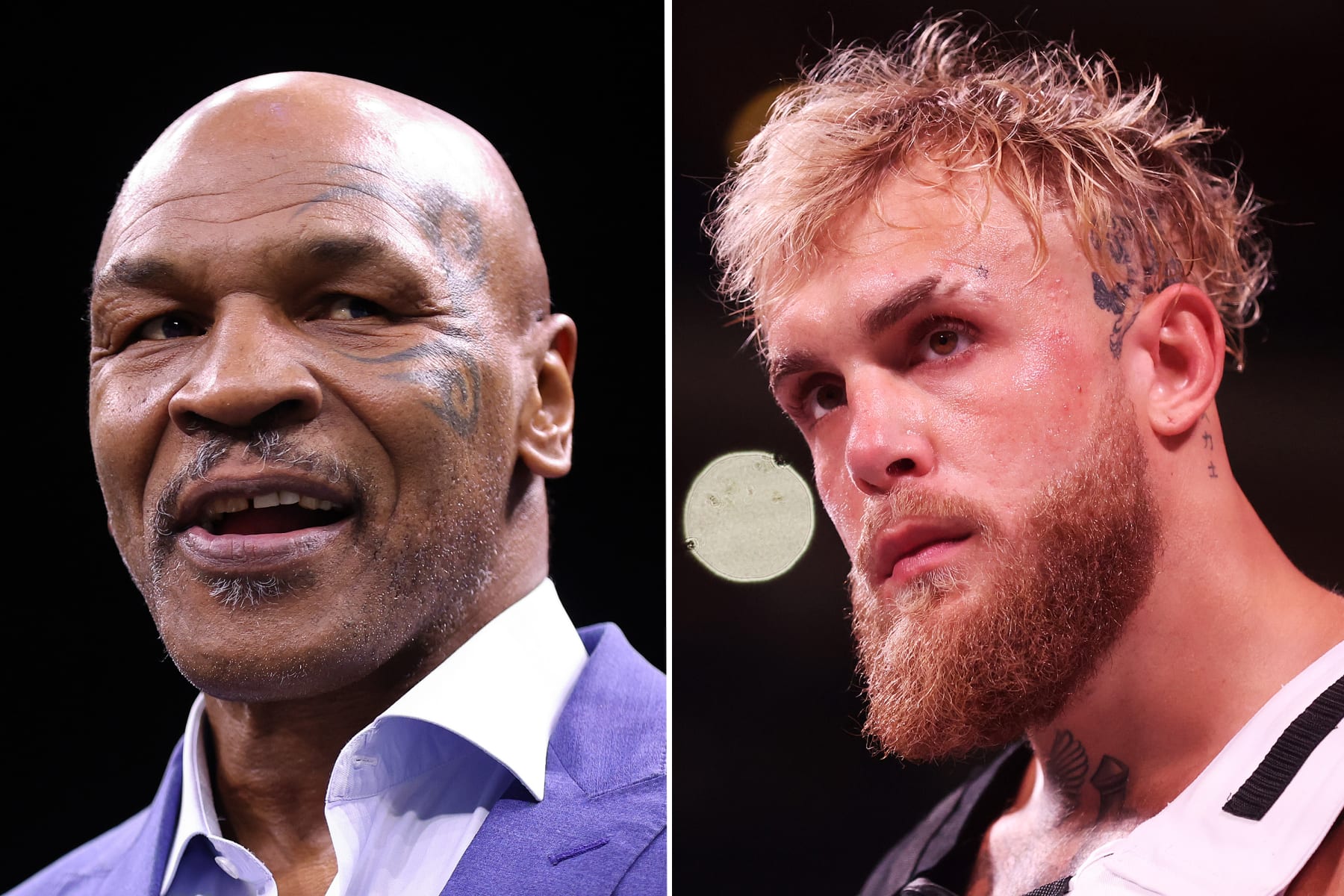 FILE PHOTO (EDITOR'S NOTE: COMPOSITE OF IMAGES - Image numbers 1469806982 and 1437611311) In this composite image a comparison between Former Boxer Mike Tyson (L) and Jake Paul (R). Tyson and Paul face in July 2024 exhibition fight.  ***LEFT IMAGE*** RIYADH, SAUDI ARABIA - FEBRUARY 26: Former Boxer Mike Tyson looks on prior to the Cruiserweight Title fight between Jake Paul and Tommy Fury at the Diriyah Arena on February 26, 2023 in Riyadh, Saudi Arabia. (Photo by Francois Nel/Getty Images) ***RIGHT IMAGE*** GLENDALE, ARIZONA - OCTOBER 29: Jake Paul takes the ring for his cruiserweight bout against Anderson Silva of Brazil at Desert Diamond Arena on October 29, 2022 in Glendale, Arizona. (Photo by Christian Petersen/Getty Images)
