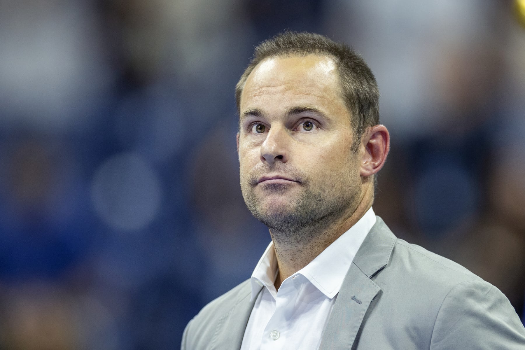 NEW YORK, USA:  September 10:   Andy Roddick at the trophy presentations after the Men's Singles Final on Arthur Ashe Stadium during the US Open Tennis Championship 2023 at the USTA National Tennis Centre on September 10th, 2023 in Flushing, Queens, New York City.  (Photo by Tim Clayton/Corbis via Getty Images)