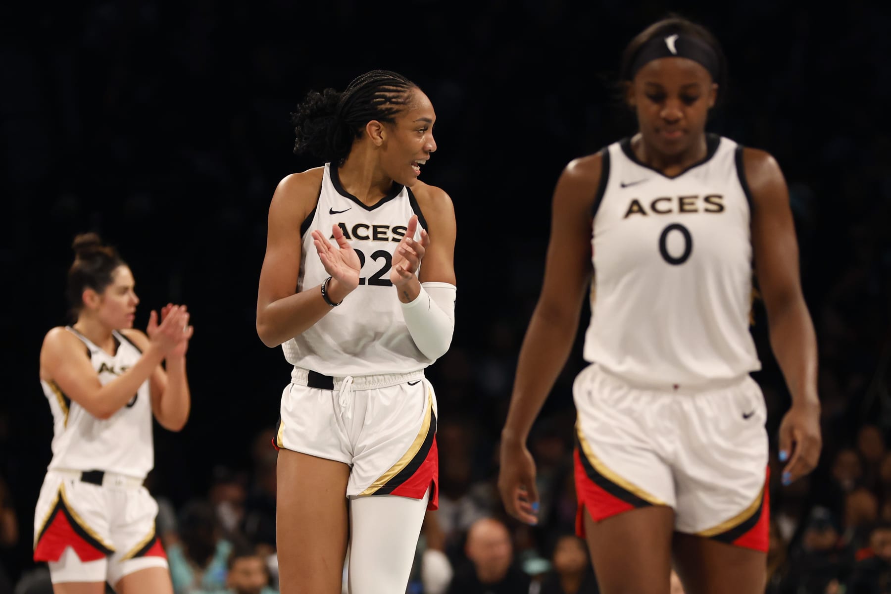 NEW YORK, NEW YORK - OCTOBER 18: A'ja Wilson #22 of the Las Vegas Aces reacts in the second quarter against the New York Liberty during Game Four of the 2023 WNBA Finals at Barclays Center on October 18, 2023 in New York City. (Photo by Sarah Stier/Getty Images)