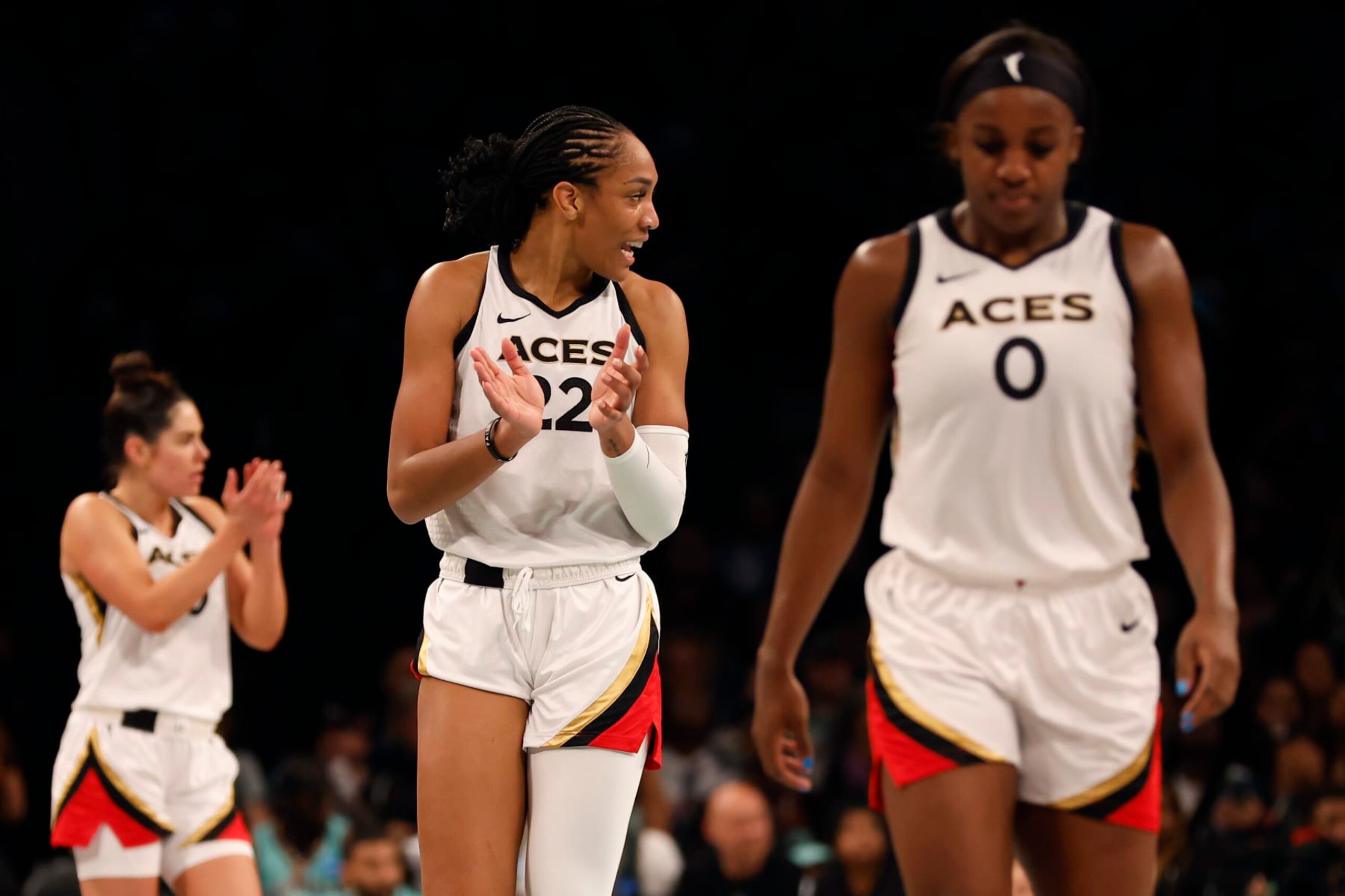 NEW YORK, NEW YORK - OCTOBER 18: A'ja Wilson #22 of the Las Vegas Aces reacts in the second quarter against the New York Liberty during Game Four of the 2023 WNBA Finals at Barclays Center on October 18, 2023 in New York City. (Photo by Sarah Stier/Getty Images)