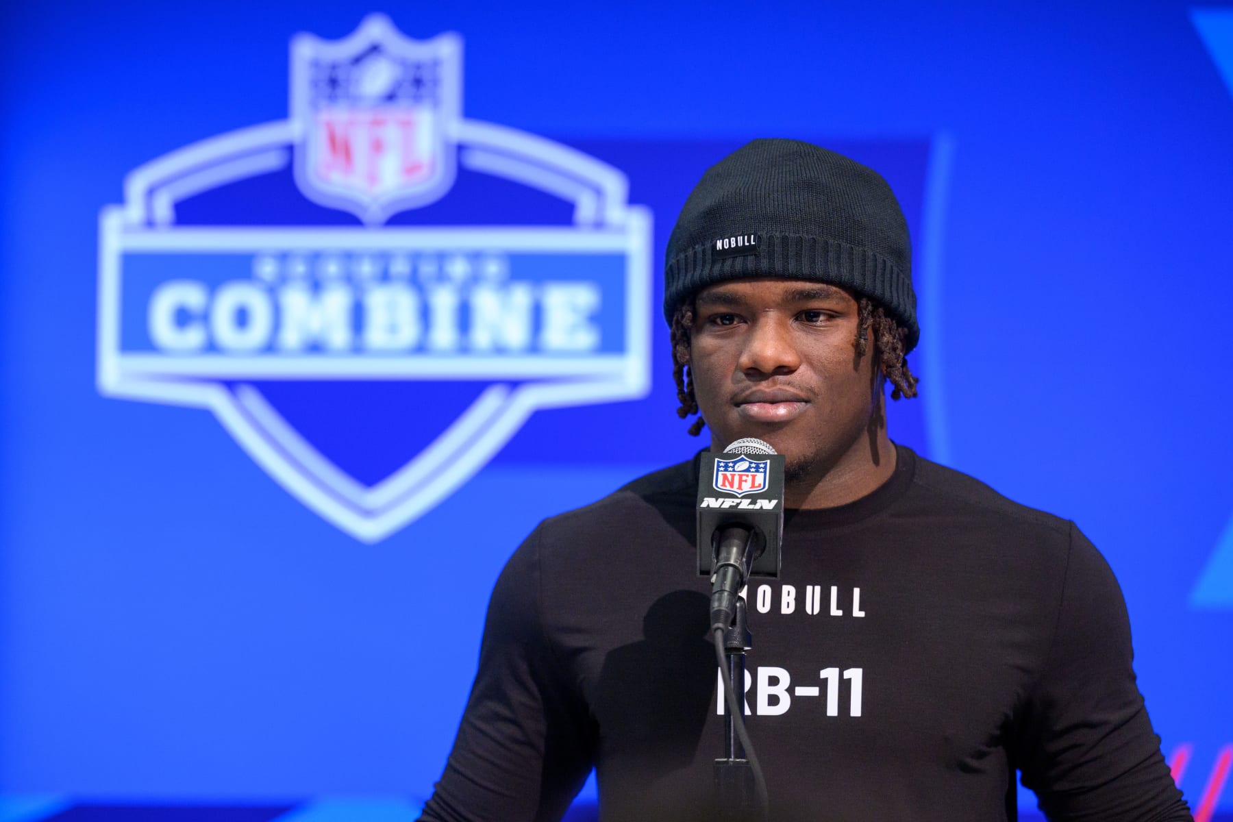 INDIANAPOLIS, IN - MARCH 01: Southern Mississippi running back Frank Gore Jr. answers questions from the media during the NFL Scouting Combine on March 1, 2024, at the Indiana Convention Center in Indianapolis, IN. (Photo by Zach Bolinger/Icon Sportswire via Getty Images) INDIANAPOLIS, IN - MARCH 01: Southern Mississippi running back Frank Gore Jr. answers questions from the media during the NFL Scouting Combine on March 1, 2024, at the Indiana Convention Center in Indianapolis, IN. (Photo by Zach Bolinger/Icon Sportswire via Getty Images)