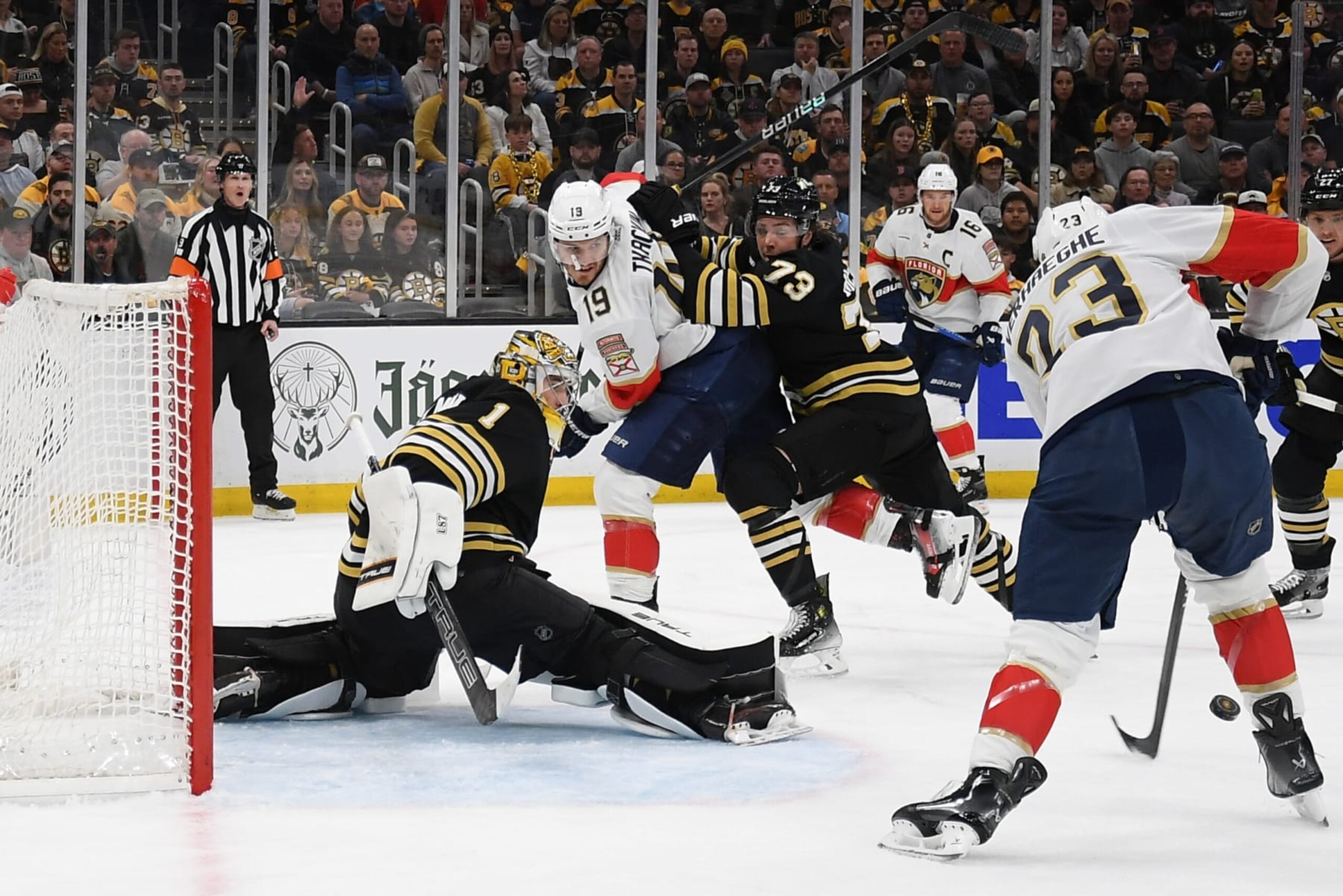 BOSTON, MASSACHUSETTS - MAY 10: Carter Verhaeghe #23 of the Florida Panthers skates with the puck against Jeremy Swayman #1 of the Boston Bruins in Game Three of the Second Round of the 2024 Stanley Cup Playoffs at the TD Garden on May 10, 2024 in Boston, Massachusetts. (Photo by Steve Babineau/NHLI via Getty Images)