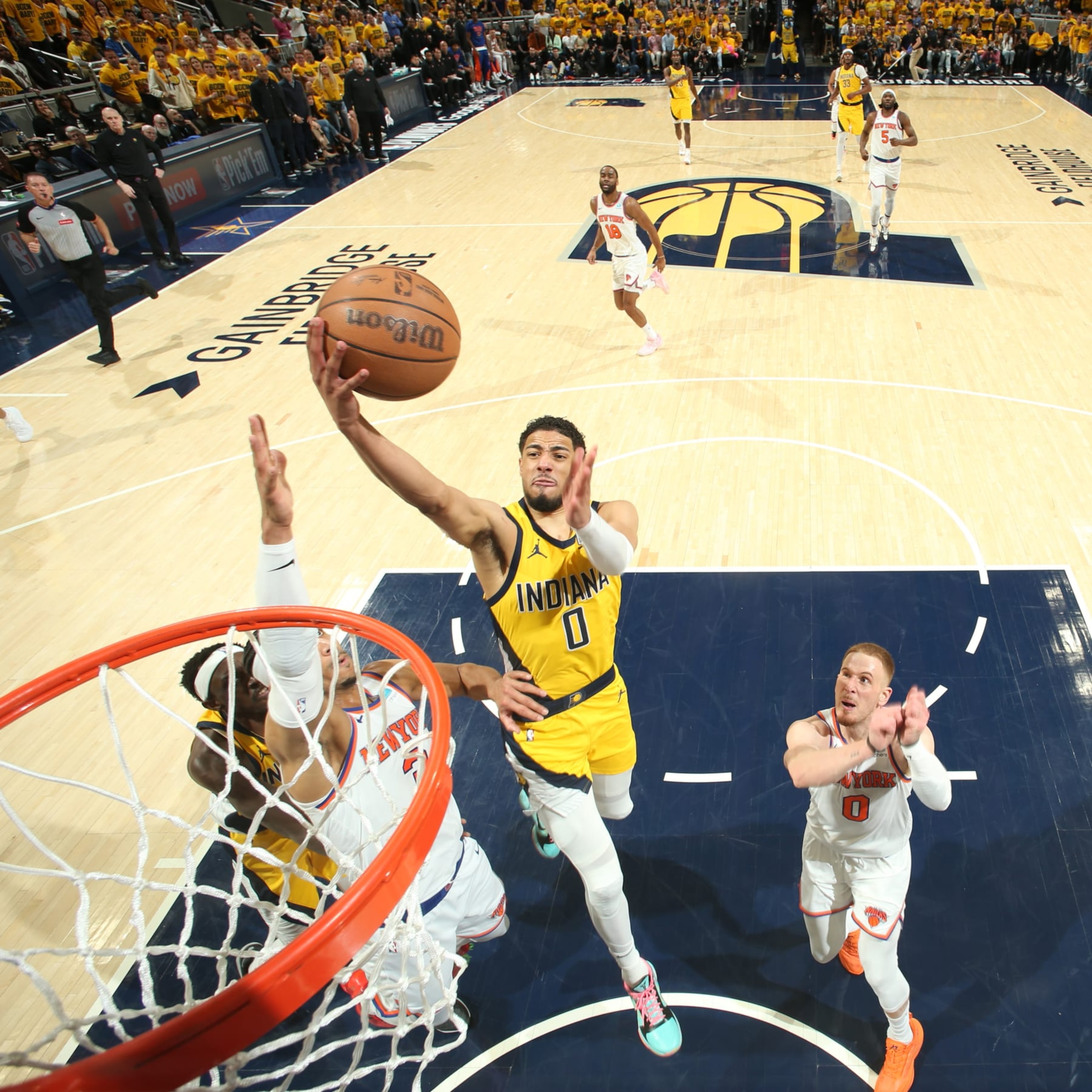 INDIANAPOLIS, IN - MAY 10: Tyrese Haliburton #0 of the Indiana Pacers drives to the basket during the game  against the New York Knicks during Round 2 Game 3 of the 2024 NBA Playoffs on May 10, 2024 at Gainbridge Fieldhouse in Indianapolis, Indiana. NOTE TO USER: User expressly acknowledges and agrees that, by downloading and or using this Photograph, user is consenting to the terms and conditions of the Getty Images License Agreement. Mandatory Copyright Notice: Copyright 2024 NBAE (Photo by Nathaniel S. Butler/NBAE via Getty Images)