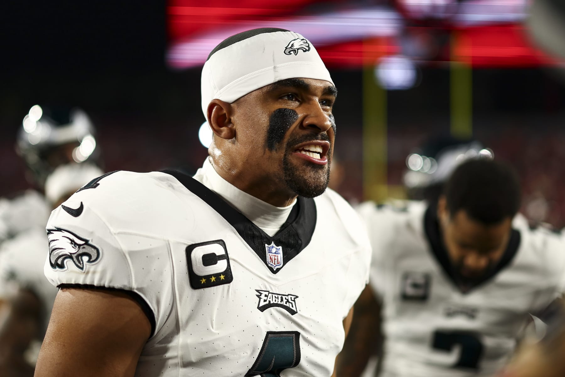 TAMPA, FL - JANUARY 15: Jalen Hurts #1 of the Philadelphia Eagles gives a speech in the team huddle prior to an NFL wild-card playoff football game against the Tampa Bay Buccaneers at Raymond James Stadium on January 15, 2024 in Tampa, Florida. (Photo by Kevin Sabitus/Getty Images)