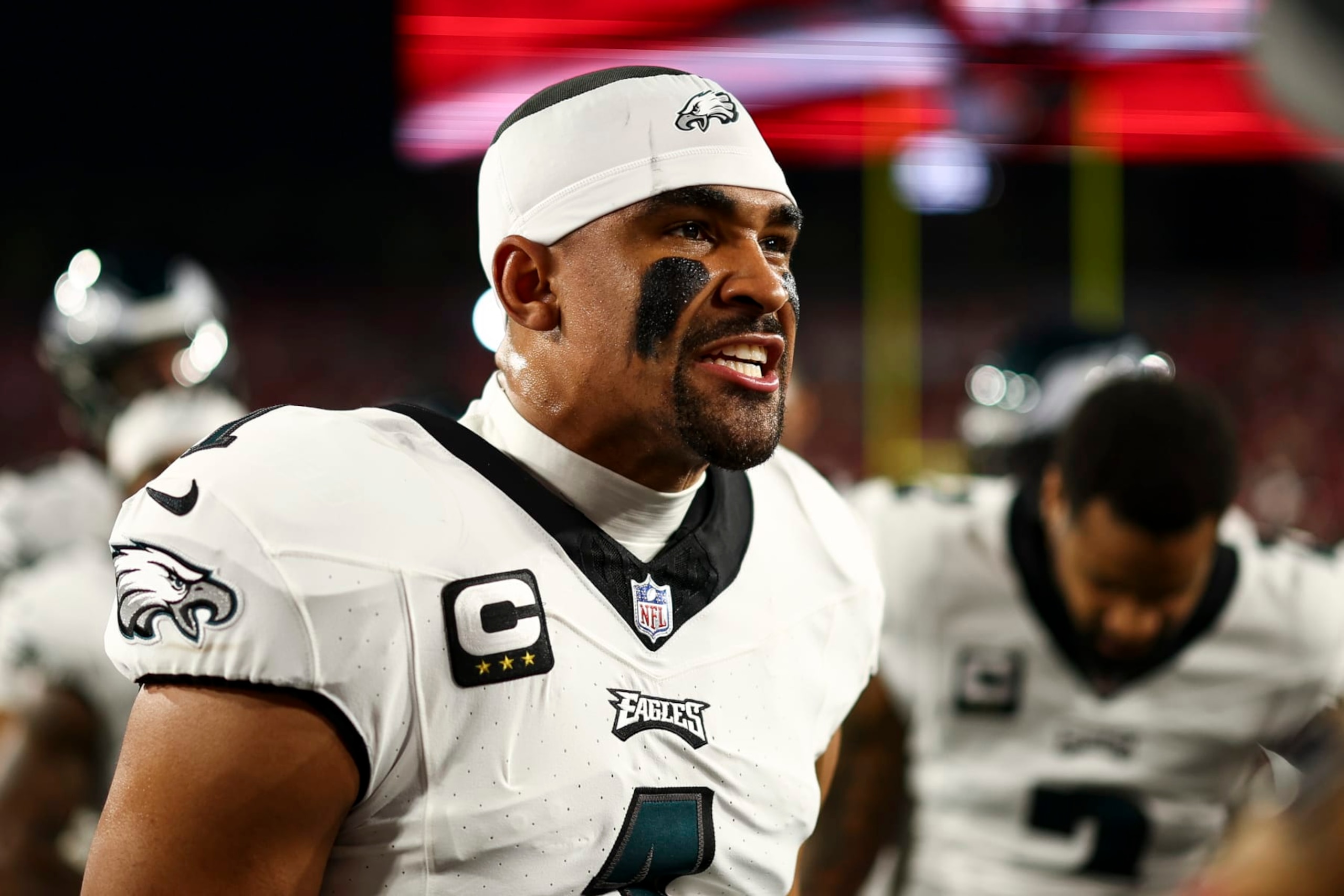 TAMPA, FL - JANUARY 15: Jalen Hurts #1 of the Philadelphia Eagles gives a speech in the team huddle prior to an NFL wild-card playoff football game against the Tampa Bay Buccaneers at Raymond James Stadium on January 15, 2024 in Tampa, Florida. (Photo by Kevin Sabitus/Getty Images)