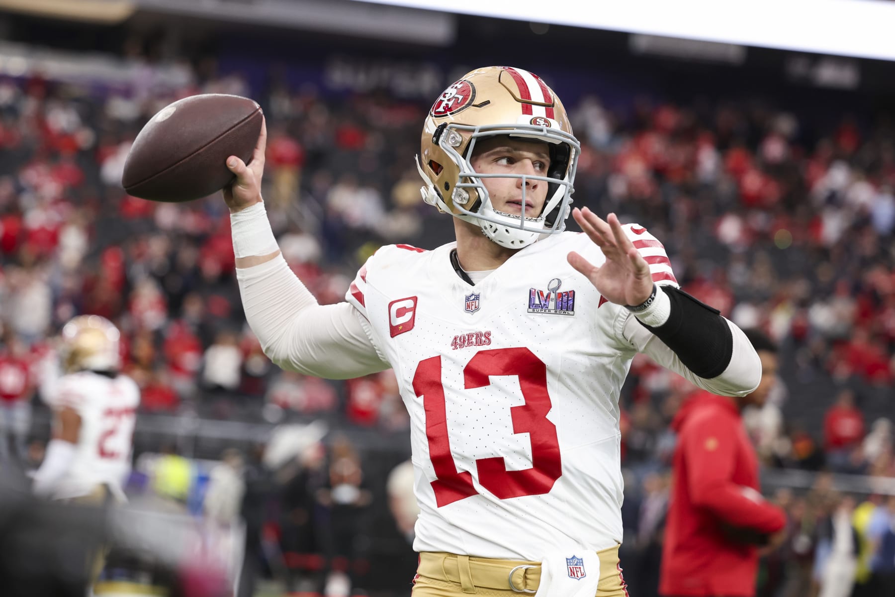 LAS VEGAS, NV - FEBRUARY 11: Brock Purdy #13 of the San Francisco 49ers warms up prior to Super Bowl LVIII against the Kansas City Chiefs at Allegiant Stadium on February 11, 2024 in Las Vegas, NV. (Photo by Perry Knotts/Getty Images)