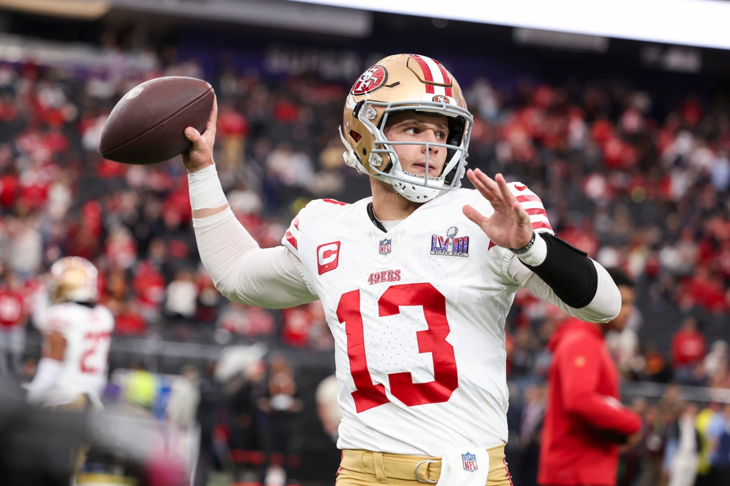 LAS VEGAS, NV - FEBRUARY 11: Brock Purdy #13 of the San Francisco 49ers warms up prior to Super Bowl LVIII against the Kansas City Chiefs at Allegiant Stadium on February 11, 2024 in Las Vegas, NV. (Photo by Perry Knotts/Getty Images)