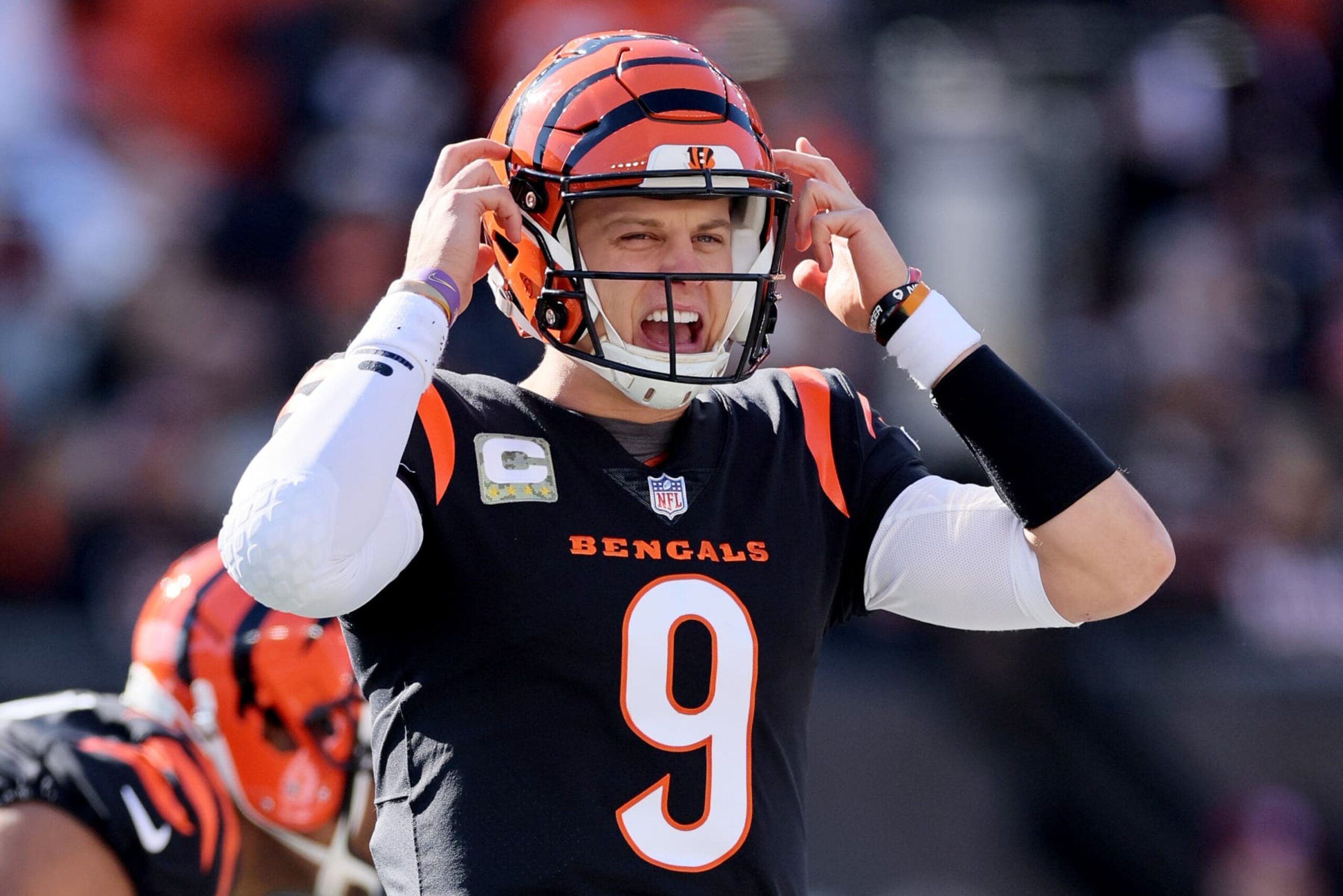 CINCINNATI, OHIO - NOVEMBER 12: Joe Burrow #9 of the Cincinnati Bengals calls a play during the second quarter against the Houston Texans at Paycor Stadium on November 12, 2023 in Cincinnati, Ohio. (Photo by Andy Lyons/Getty Images)