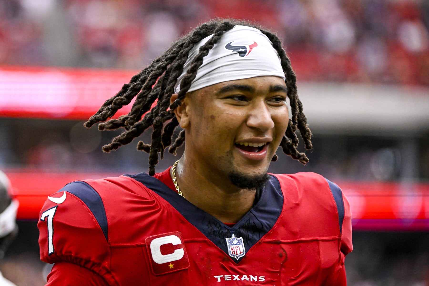 HOUSTON, TEXAS - OCTOBER 01: C.J. Stroud #7 of the Houston Texans celebrates after defeating the Pittsburgh Steelers at NRG Stadium on November 19, 2023 in Houston, Texas. (Photo by Logan Riely/Getty Images)