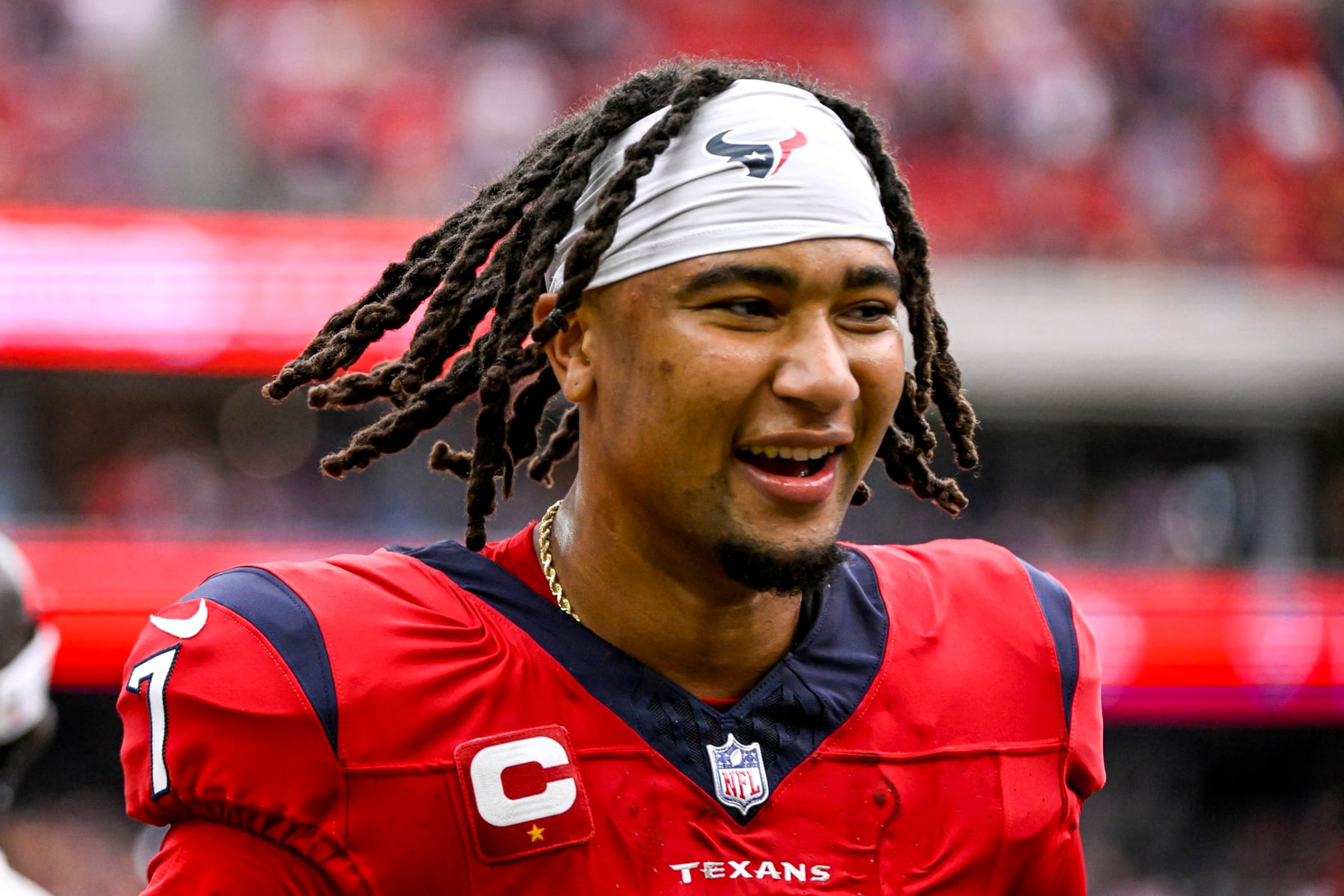 HOUSTON, TEXAS - OCTOBER 01: C.J. Stroud #7 of the Houston Texans celebrates after defeating the Pittsburgh Steelers at NRG Stadium on November 19, 2023 in Houston, Texas. (Photo by Logan Riely/Getty Images)
