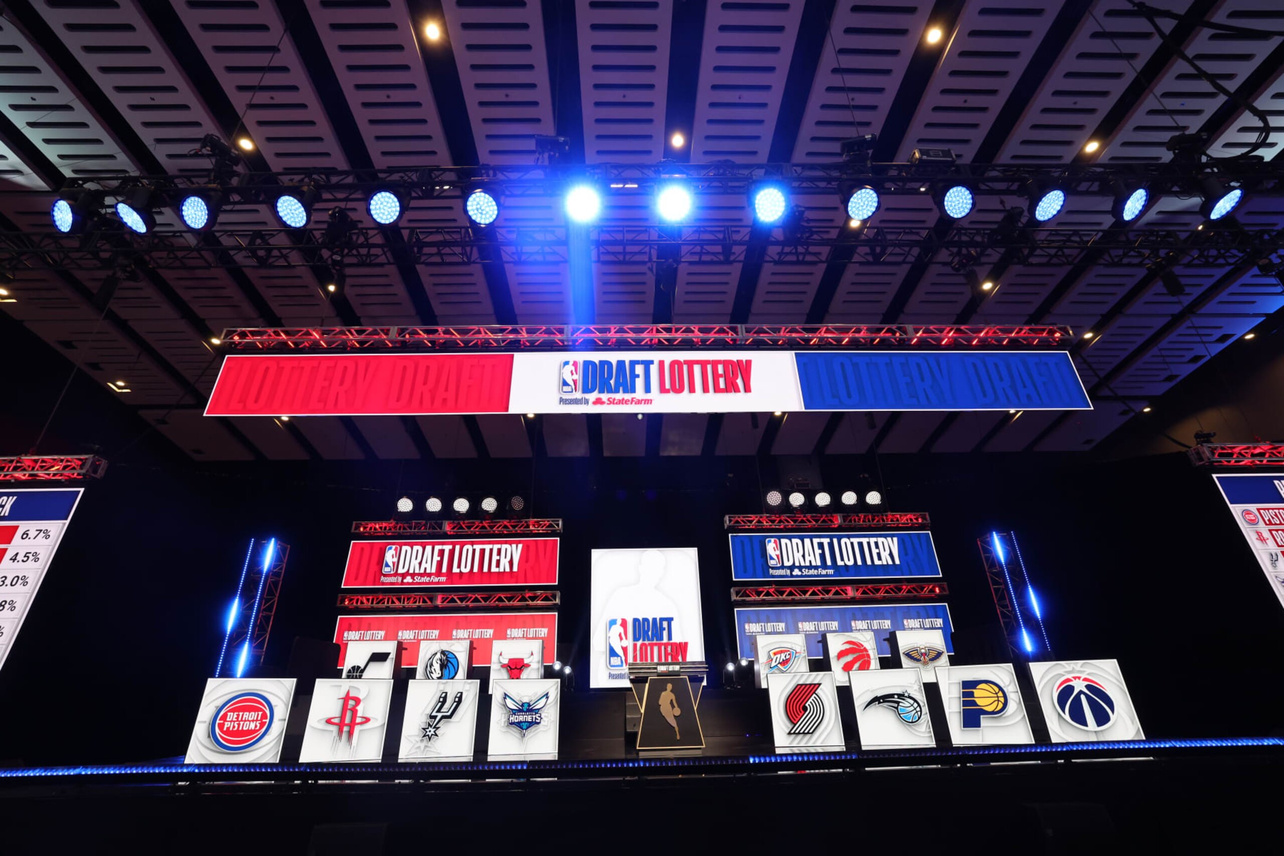 CHICAGO,IL - MAY 16: Overall view of the stage during the 2023 NBA Draft Lottery at McCormick Place on May 16, 2023 in Chicago, Illinois. NOTE TO USER: User expressly acknowledges and agrees that, by downloading and or using this photograph, user is consenting to the terms and conditions of the Getty Images License Agreement. Mandatory Copyright Notice: Copyright 2023 NBAE (Photo by Jeff Haynes/NBAE via Getty Images)