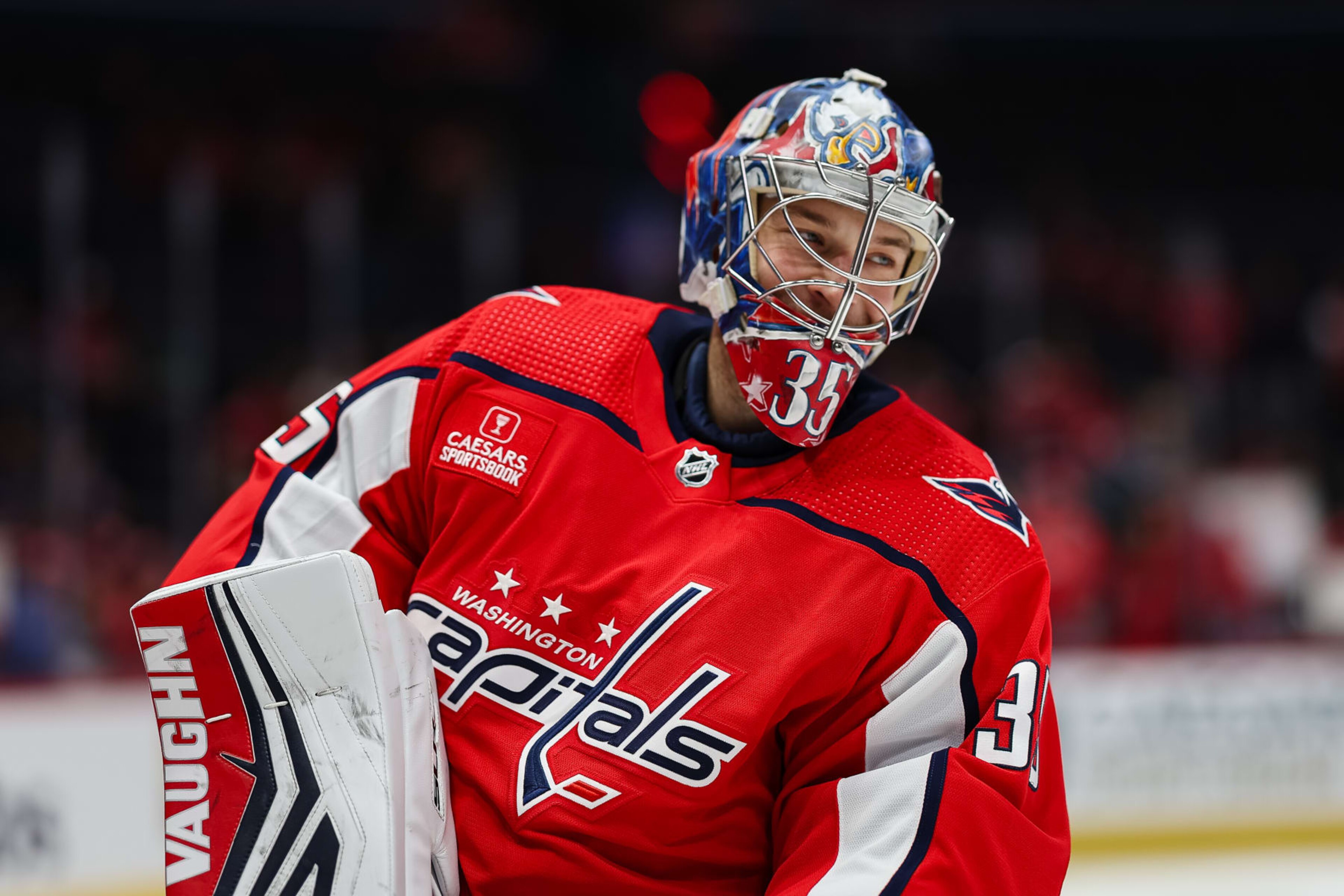 WASHINGTON, DC - MARCH 26: Darcy Kuemper #35 of the Washington Capitals skates before the game against the Detroit Red Wings at Capital One Arena on March 26, 2024 in Washington, DC. (Photo by Scott Taetsch/Getty Images) WASHINGTON, DC - MARCH 26: Darcy Kuemper #35 of the Washington Capitals skates before the game against the Detroit Red Wings at Capital One Arena on March 26, 2024 in Washington, DC. (Photo by Scott Taetsch/Getty Images)