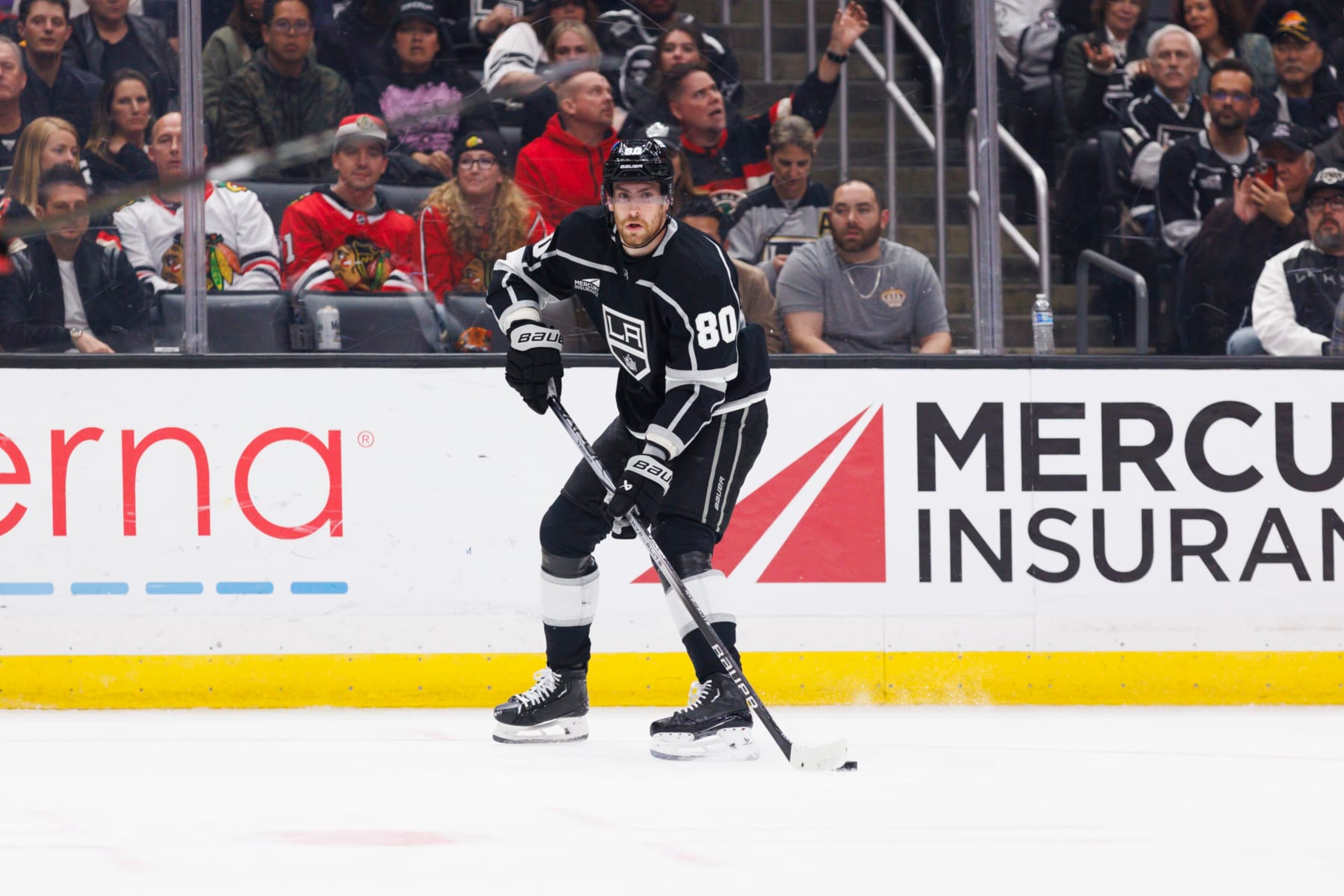 LOS ANGELES, CA - APRIL 18: Los Angeles Kings center Pierre-Luc Dubois (80) skates with the puck during an NHL hockey game against the Chicago Blackhawks on April 18, 2024 air Crypto.com Arena in Los Angeles, CA. (Photo by Ric Tapia/Icon Sportswire via Getty Images) LOS ANGELES, CA - APRIL 18: Los Angeles Kings center Pierre-Luc Dubois (80) skates with the puck during an NHL hockey game against the Chicago Blackhawks on April 18, 2024 air Crypto.com Arena in Los Angeles, CA. (Photo by Ric Tapia/Icon Sportswire via Getty Images)