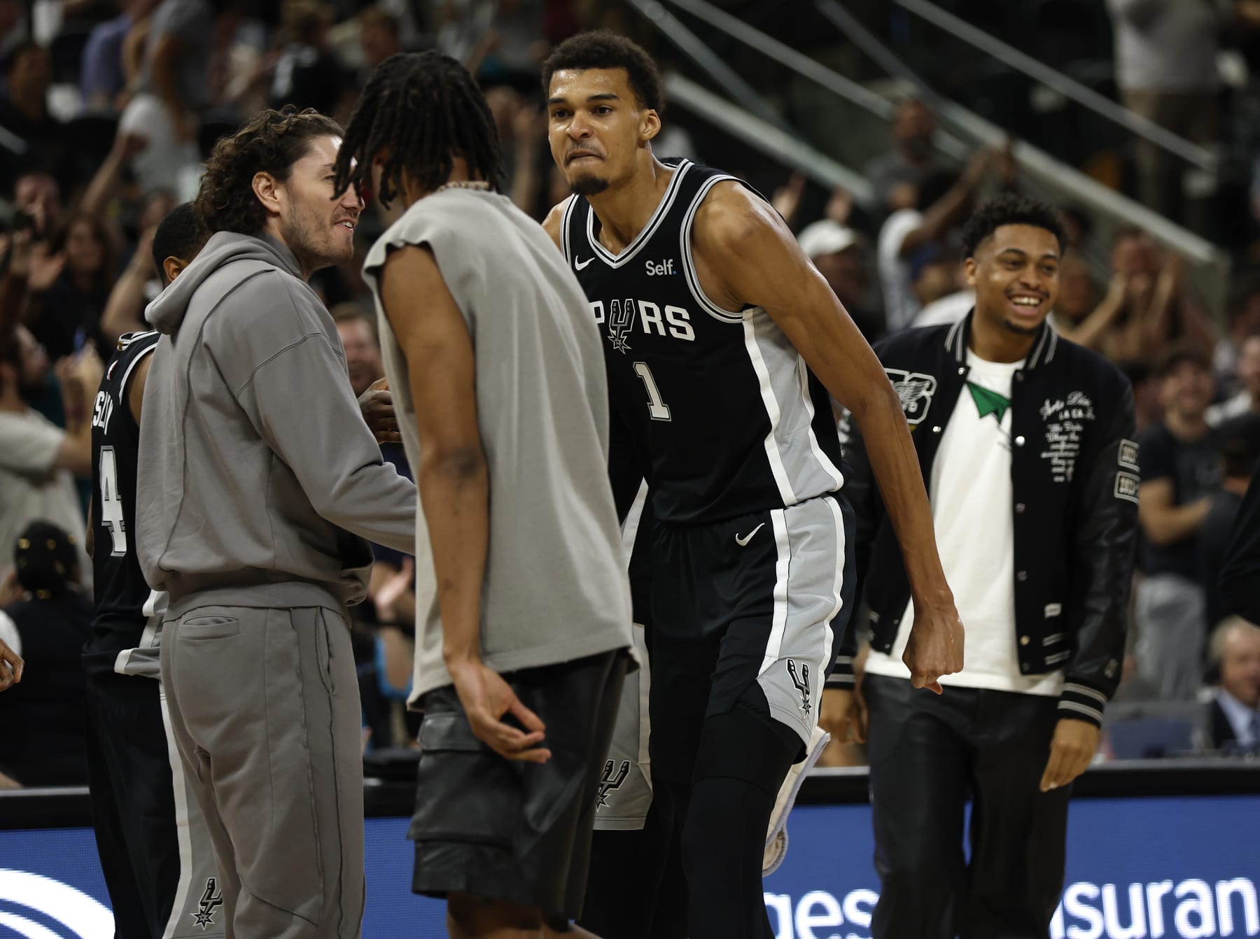 SAN ANTONIO, TX - APRIL 12: Victor Wembanyama #1 of the San Antonio Spurs celebrates after scoring against the Denver Nuggetsin the second half at Frost Bank Center on April 12, 2024 in San Antonio, Texas. NOTE TO USER: User expressly acknowledges and agrees that, by downloading and or using this photograph, User is consenting to terms and conditions of the Getty Images License Agreement. (Photo by Ronald Cortes/Getty Images)