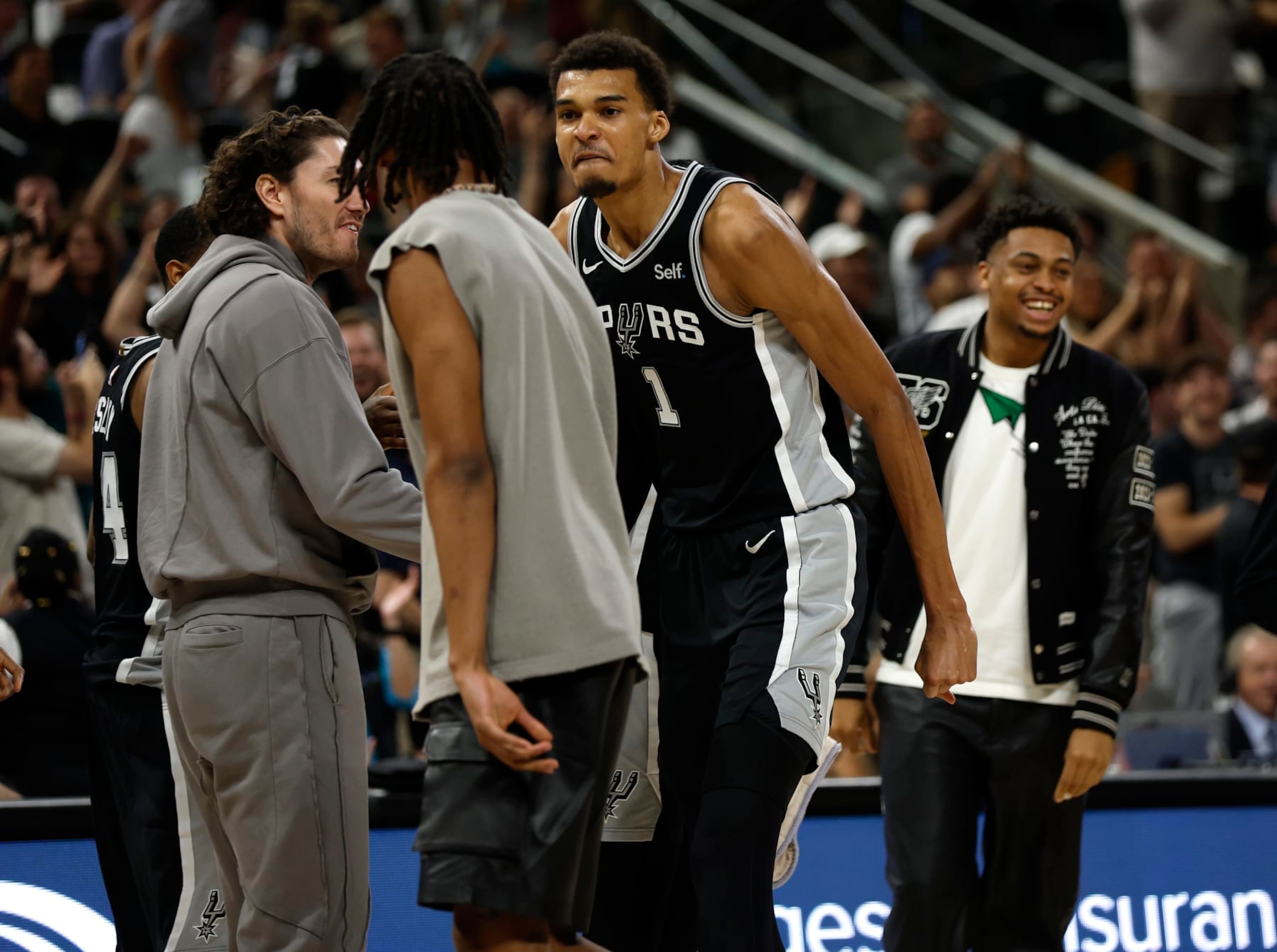 SAN ANTONIO, TX - APRIL 12: Victor Wembanyama #1 of the San Antonio Spurs celebrates after scoring against the Denver Nuggetsin the second half at Frost Bank Center on April 12, 2024 in San Antonio, Texas. NOTE TO USER: User expressly acknowledges and agrees that, by downloading and or using this photograph, User is consenting to terms and conditions of the Getty Images License Agreement. (Photo by Ronald Cortes/Getty Images)