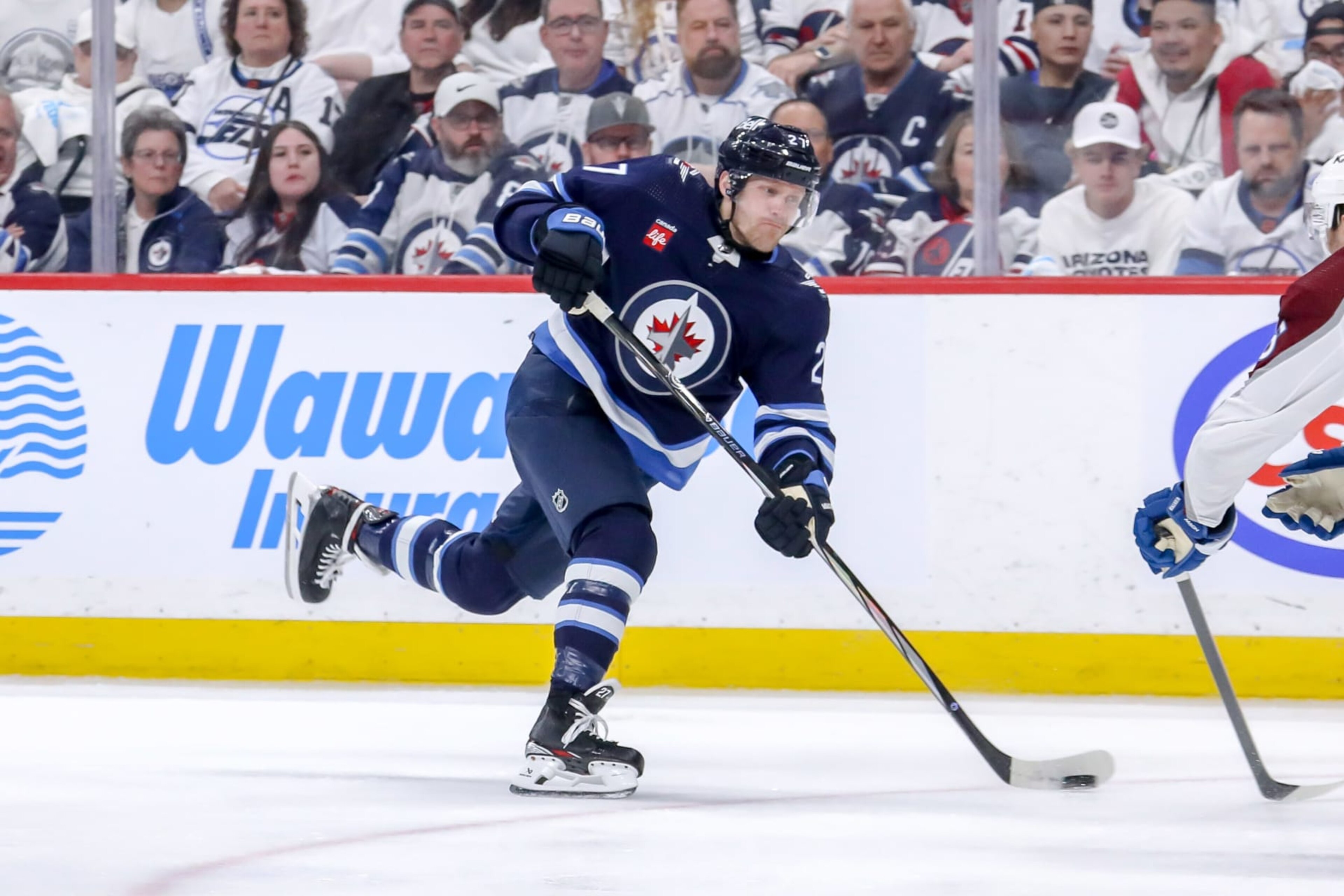 WINNIPEG, CANADA - APRIL 30: Nikolaj Ehlers #27 of the Winnipeg Jets gets set to take a shot on goal during third period action against the Colorado Avalanche in Game Five of the First Round of the 2024 Stanley Cup Playoffs at the Canada Life Centre on April 30, 2024 in Winnipeg, Manitoba, Canada. The Avs defeated the Jets 6-3 and win the series 4-1. (Photo by Darcy Finley/NHLI via Getty Images) WINNIPEG, CANADA - APRIL 30: Nikolaj Ehlers #27 of the Winnipeg Jets gets set to take a shot on goal during third period action against the Colorado Avalanche in Game Five of the First Round of the 2024 Stanley Cup Playoffs at the Canada Life Centre on April 30, 2024 in Winnipeg, Manitoba, Canada. The Avs defeated the Jets 6-3 and win the series 4-1. (Photo by Darcy Finley/NHLI via Getty Images)