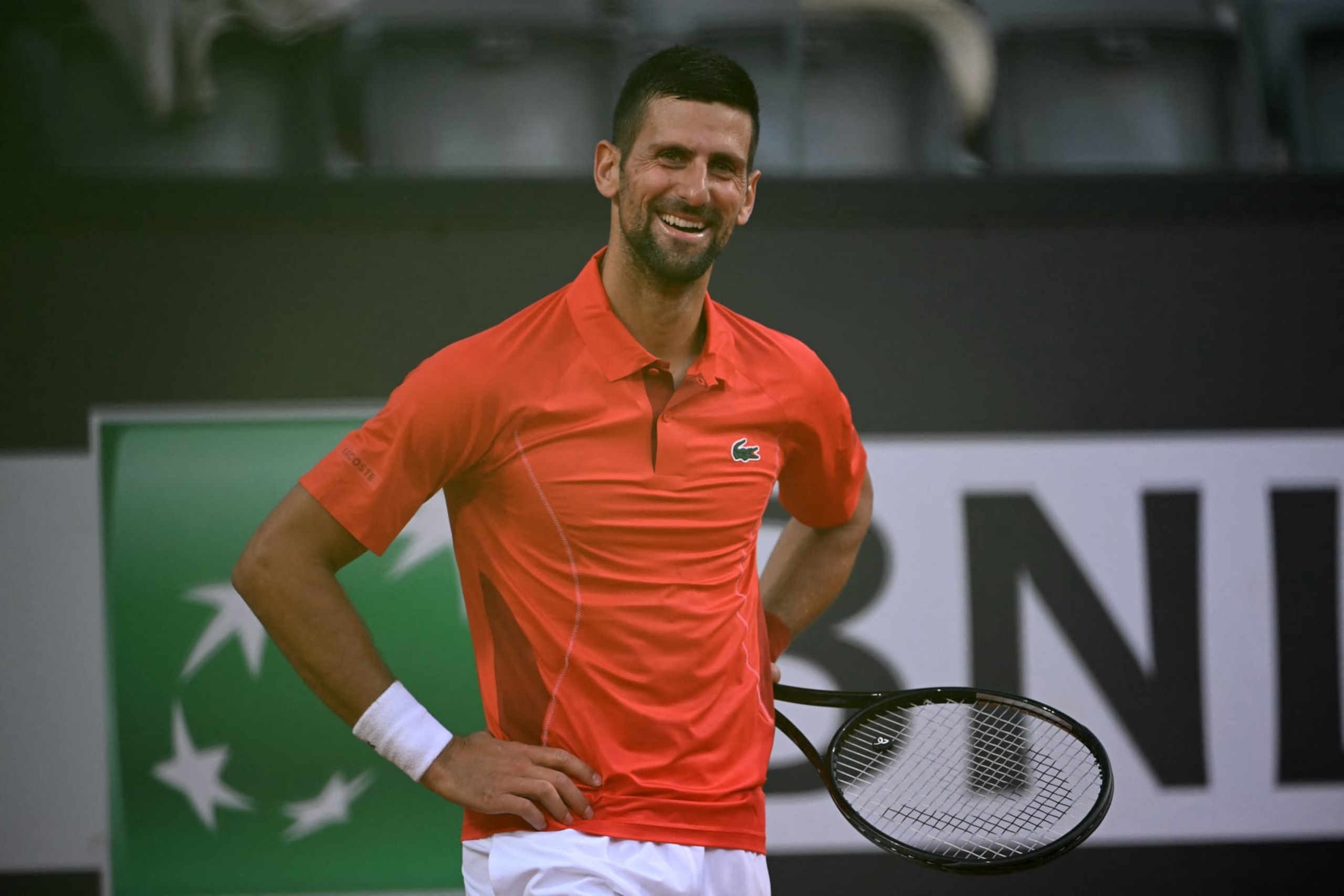 Serbia's Novak Djokovic smiles during his match against France's Corentin Moutet  during the Men's ATP Rome Open tennis tournament at Foro Italico in Rome on May 10, 2024. (Photo by Filippo MONTEFORTE / AFP) (Photo by FILIPPO MONTEFORTE/AFP via Getty Images)