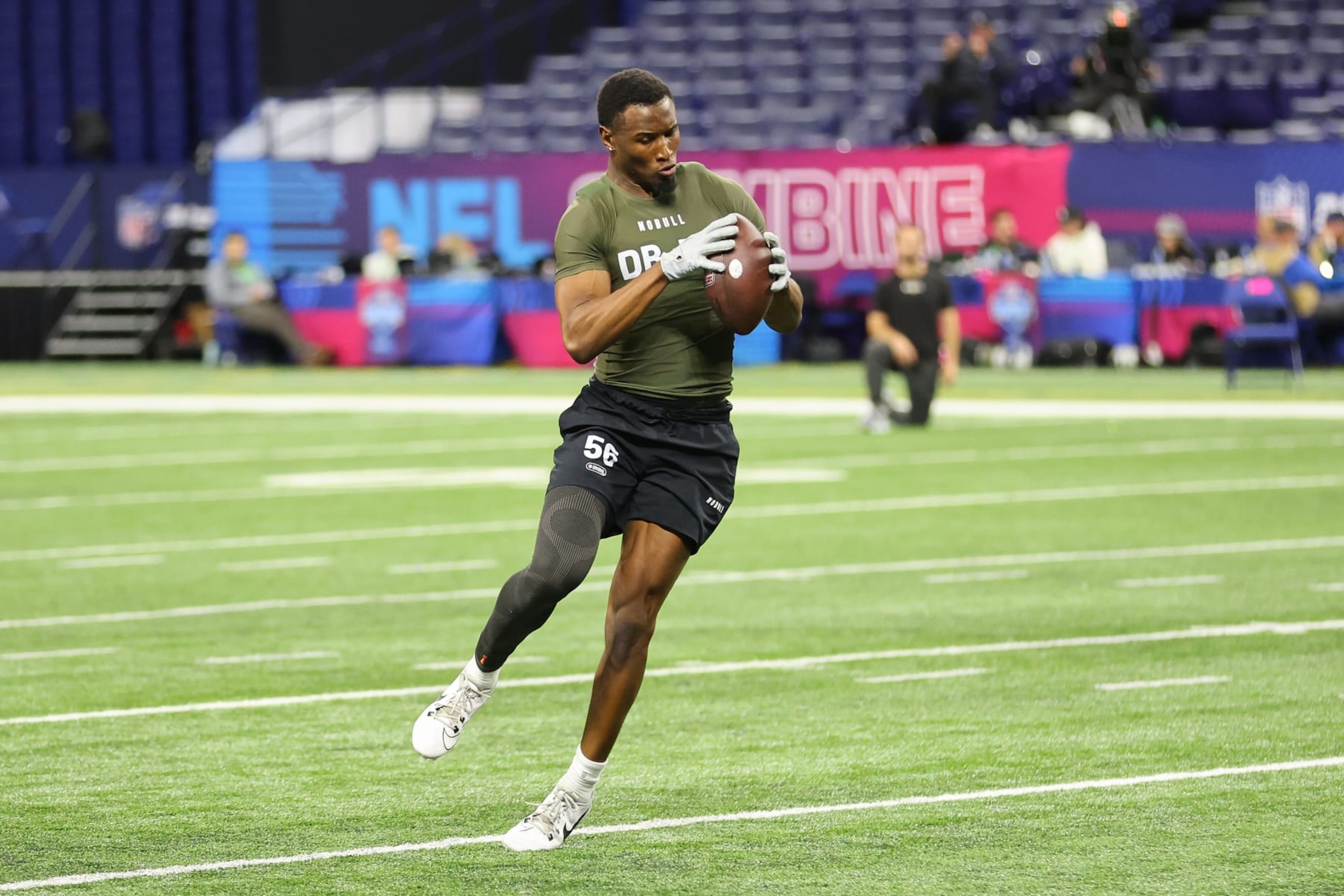 INDIANAPOLIS, INDIANA - MARCH 01: Tyler Nubin #DB56 of Minnesota participates in a drill during the NFL Combine at Lucas Oil Stadium on March 01, 2024 in Indianapolis, Indiana. (Photo by Stacy Revere/Getty Images)