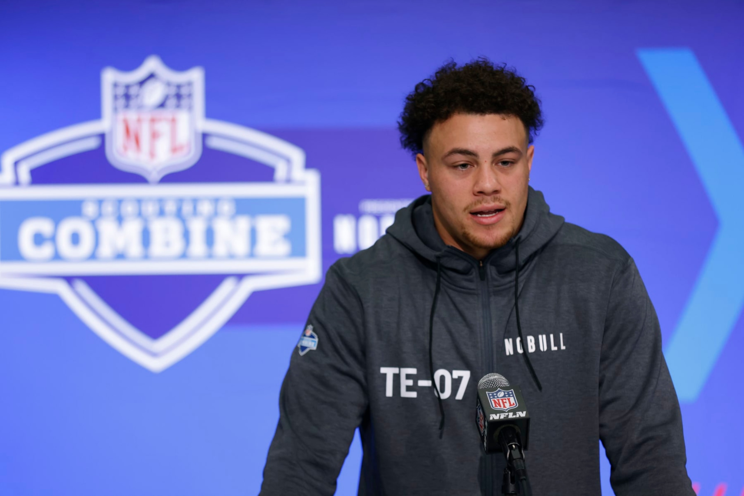 INDIANAPOLIS, INDIANA - FEBRUARY 29: Theo Johnson #TE07 of the Penn State Nittany Lions speaks to the media during the 2024 NFL Combine at the Indiana Convention Center on February 29, 2024 in Indianapolis, Indiana. (Photo by Justin Casterline/Getty Images)