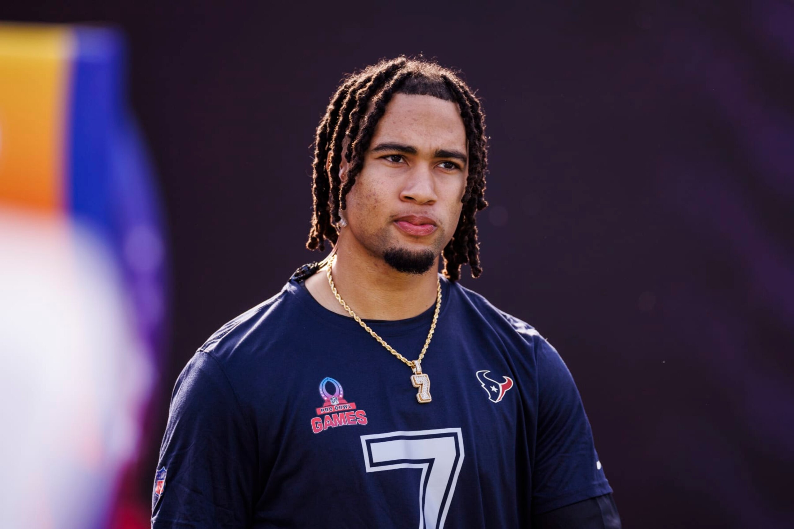 ORLANDO, FLORIDA - FEBRUARY 04:  C.J. Stroud #7 of the Houston Texans and AFC looks on before the 2024 NFL Pro Bowl at Camping World Stadium on February 04, 2024 in Orlando, Florida. (Photo by James Gilbert/Getty Images)