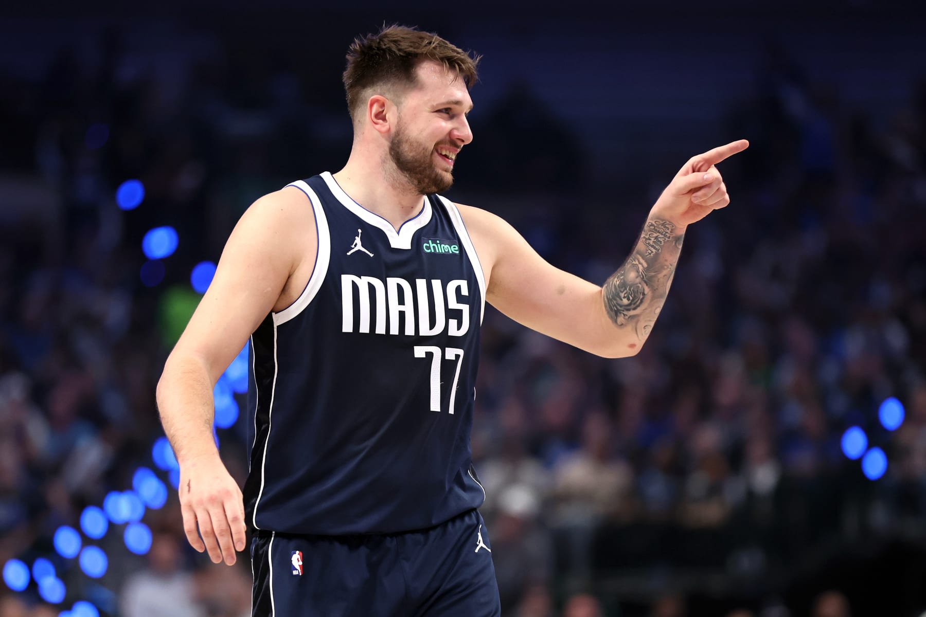 DALLAS, TEXAS - MAY 11: Luka Doncic #77 of the Dallas Mavericks reacts during the first quarter against the Oklahoma City Thunder in Game Three of the Western Conference Second Round Playoffs at American Airlines Center on May 11, 2024 in Dallas, Texas. NOTE TO USER: User expressly acknowledges and agrees that, by downloading and or using this photograph, User is consenting to the terms and conditions of the Getty Images License Agreement. (Photo by Tim Heitman/Getty Images)