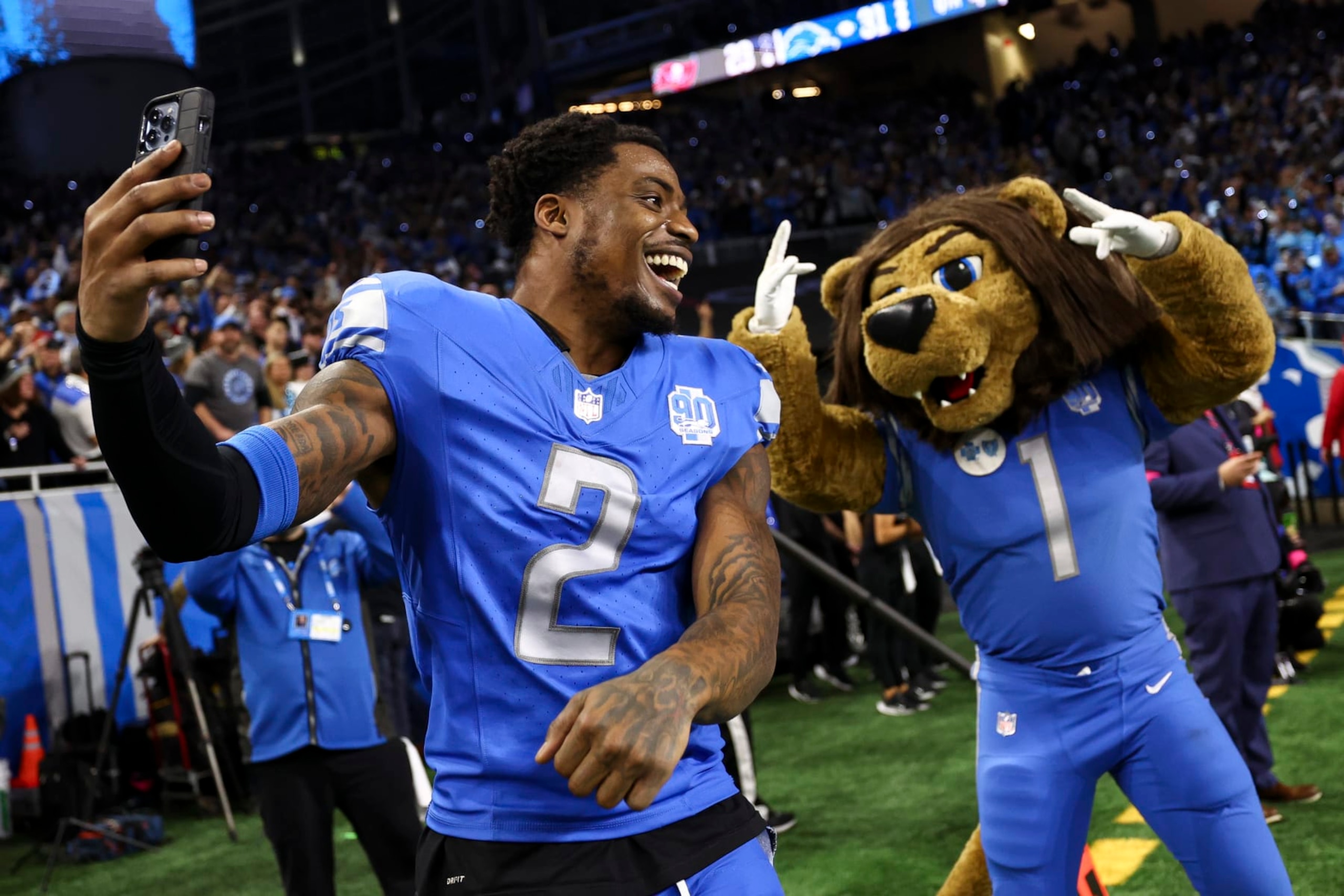 DETROIT, MI - JANUARY 21: C.J. Gardner-Johnson #2 of the Detroit Lions celebrates after an NFL divisional round playoff football game against the Tampa Bay Buccaneers at Ford Field on January 21, 2024 in Detroit, Michigan. (Photo by Kevin Sabitus/Getty Images)