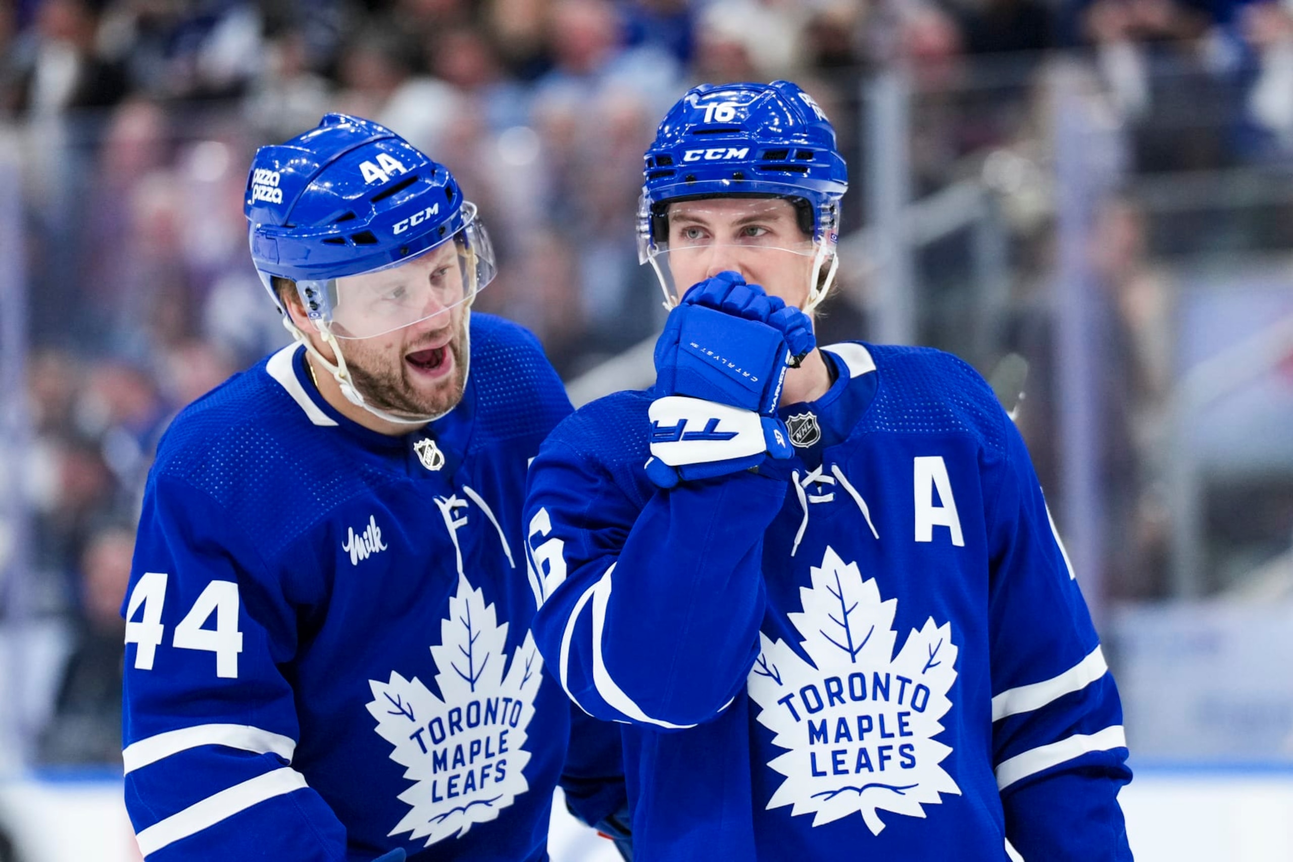 TORONTO, ON - MAY 2: Morgan Rielly #44 of the Toronto Maple Leafs talks to Mitch Marner #16 during the first period against the Boston Bruins in Game Six of the First Round of the 2024 Stanley Cup Playoffs at Scotiabank Arena on May 2, 2024 in Toronto, Ontario, Canada. (Photo by Kevin Sousa/NHLI via Getty Images)