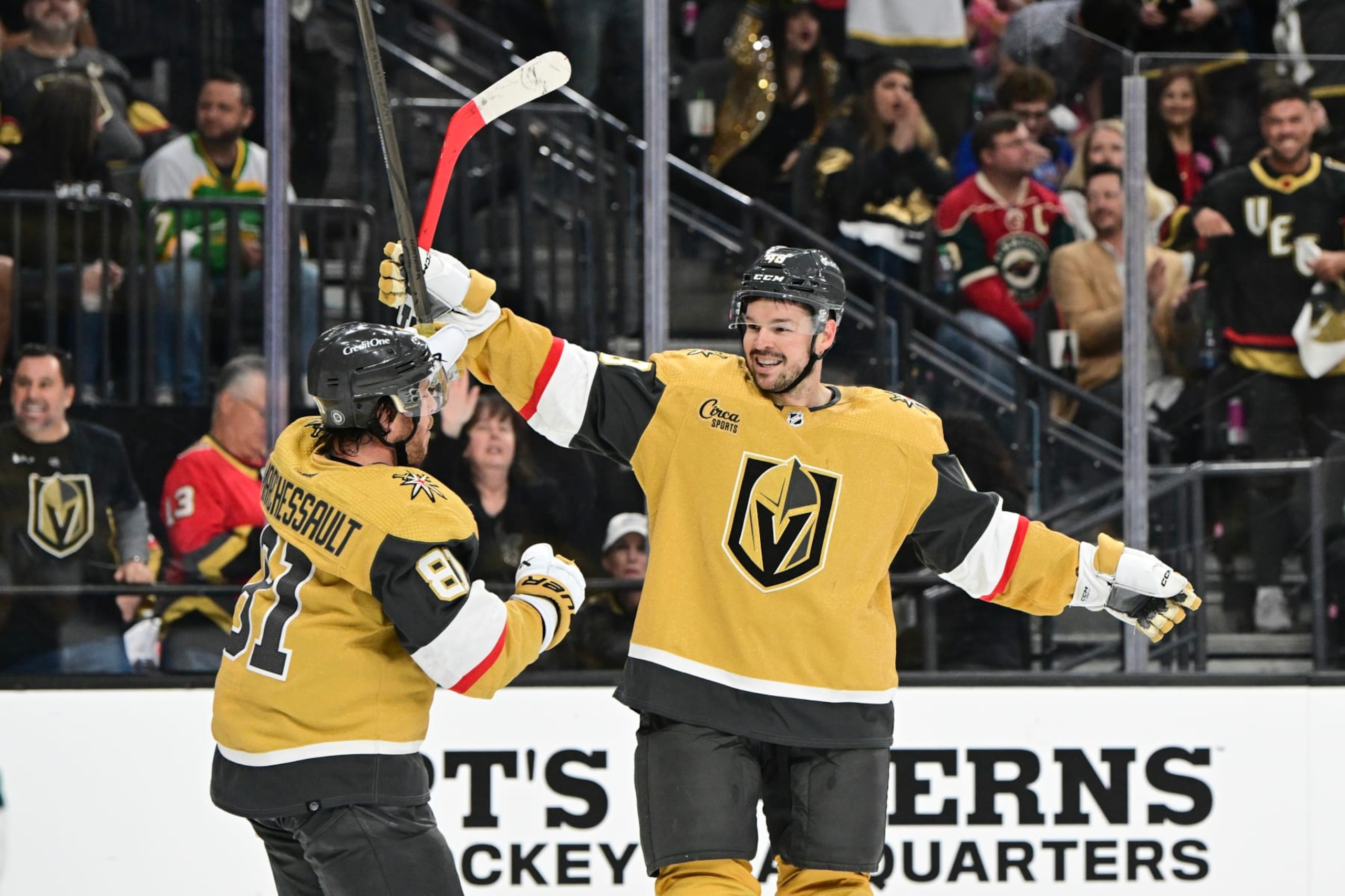 LAS VEGAS, NEVADA - APRIL 12: Jonathan Marchessault #81 celebrates his second-period goal with Tomas Hertl #48 of the Vegas Golden Knights against the Minnesota Wild at T-Mobile Arena on April 12, 2024 in Las Vegas, Nevada. (Photo by Candice Ward/Getty Images)