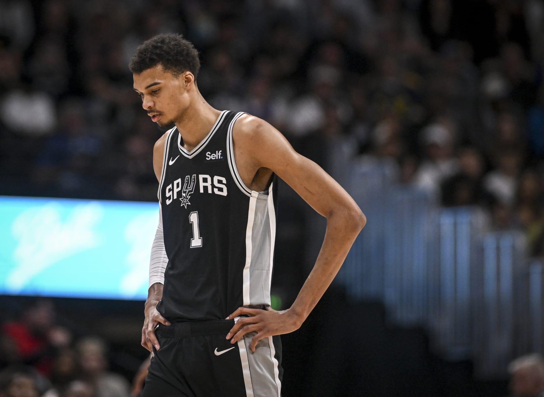 DENVER, CO - APRIL 2: Victor Wembanyama (1) of the San Antonio Spurs contemplates during the fourth quarter of the Denver Nuggets' 110-105 win at Ball Arena in Denver on Tuesday, April 2, 2024. (Photo by AAron Ontiveroz/The Denver Post)