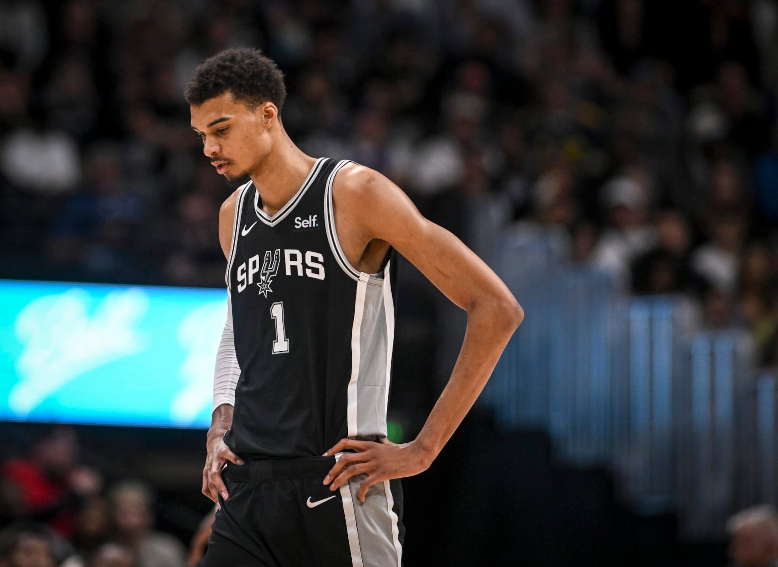 DENVER, CO - APRIL 2: Victor Wembanyama (1) of the San Antonio Spurs contemplates during the fourth quarter of the Denver Nuggets' 110-105 win at Ball Arena in Denver on Tuesday, April 2, 2024. (Photo by AAron Ontiveroz/The Denver Post)