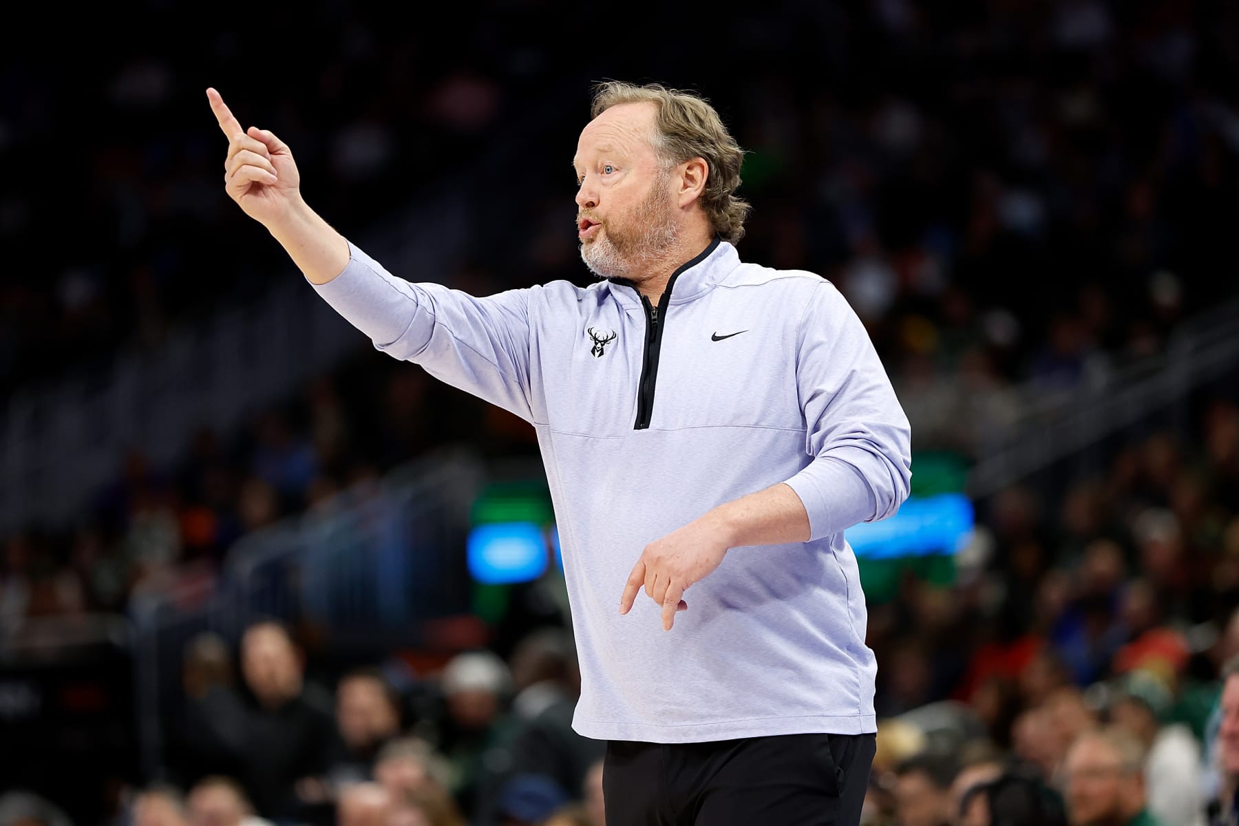 MILWAUKEE, WISCONSIN - MARCH 19: Head Coach Mike Budenholzer of the Milwaukee Bucks calls out a play during the first half of the game against the Toronto Raptors at Fiserv Forum on March 19, 2023 in Milwaukee, Wisconsin. NOTE TO USER: User expressly acknowledges and agrees that, by downloading and or using this photograph, User is consenting to the terms and conditions of the Getty Images License Agreement. (Photo by John Fisher/Getty Images)