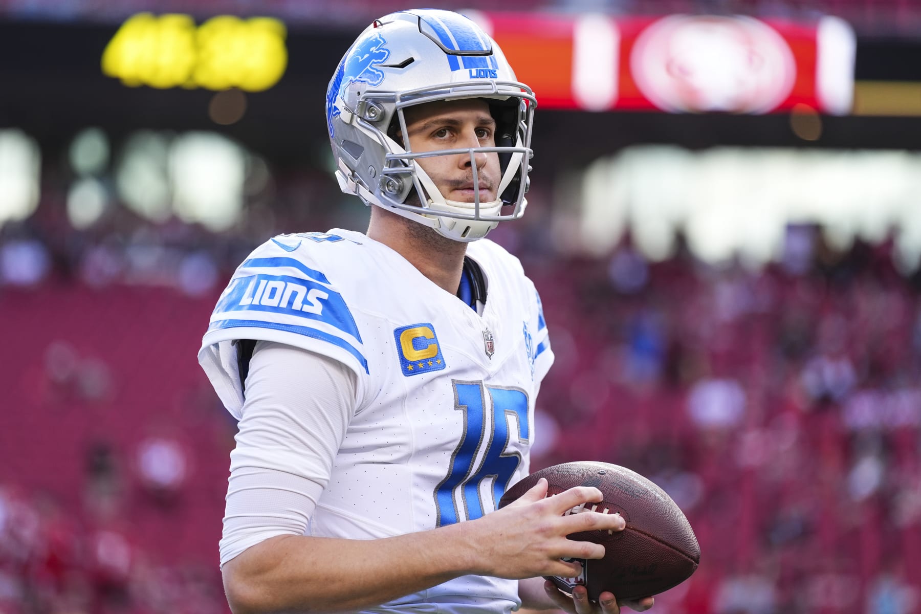 SANTA CLARA, CA - JANUARY 28: Jared Goff #16 of the Detroit Lions warms up prior to the NFC Championship NFL football game against the San Francisco 49ers at Levi's Stadium on January 28, 2024 in Santa Clara, California. (Photo by Cooper Neill/Getty Images)