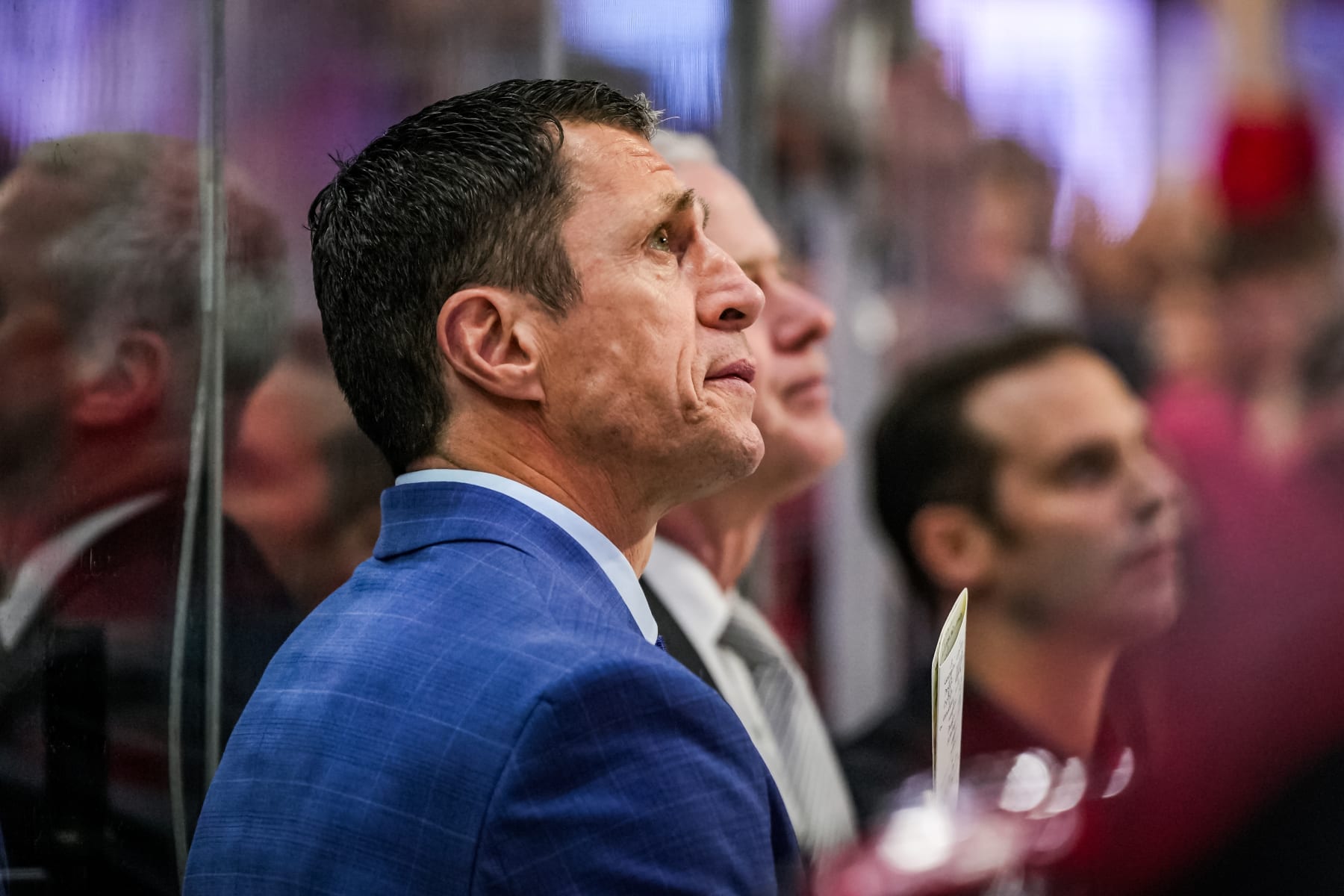 RALEIGH, NORTH CAROLINA - APRIL 07:  Head coach Rod Brind'Amour of the Carolina Hurricanes looks on during the second period against the Columbus Blue Jackets at PNC Arena on April 7, 2024 in Raleigh, North Carolina. (Photo by Josh Lavallee/NHLI via Getty Images)